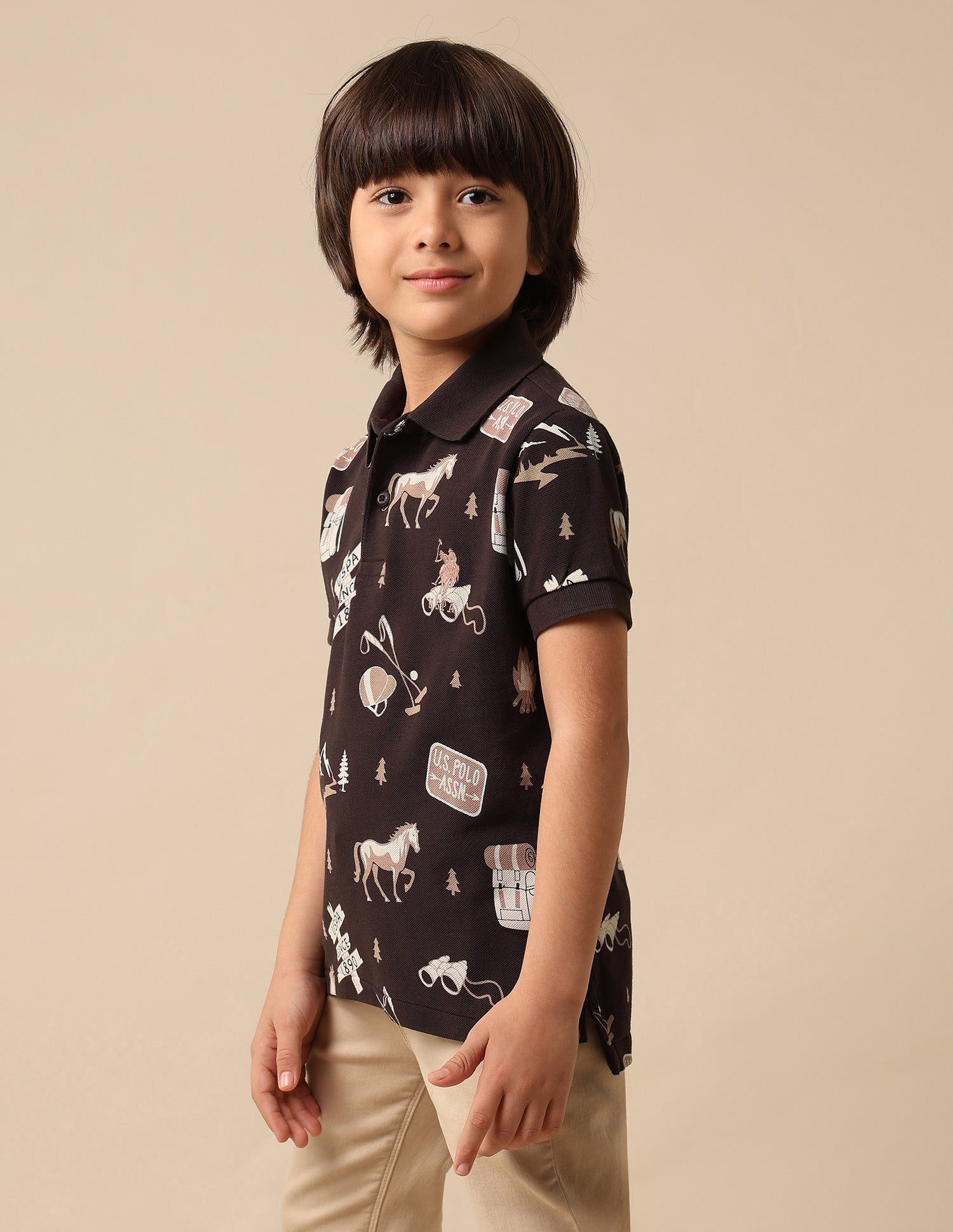 Boys All Over Printed Pure Cotton Polo Shirt Dark Brown - U.S. POLO ASSN. | Large