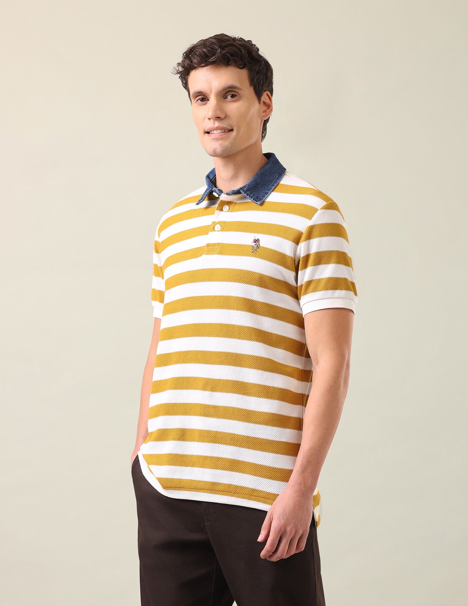 Horizontal Striped Slim Fit Polo Shirt Mustard - U.S. Polo Assn. India | Large