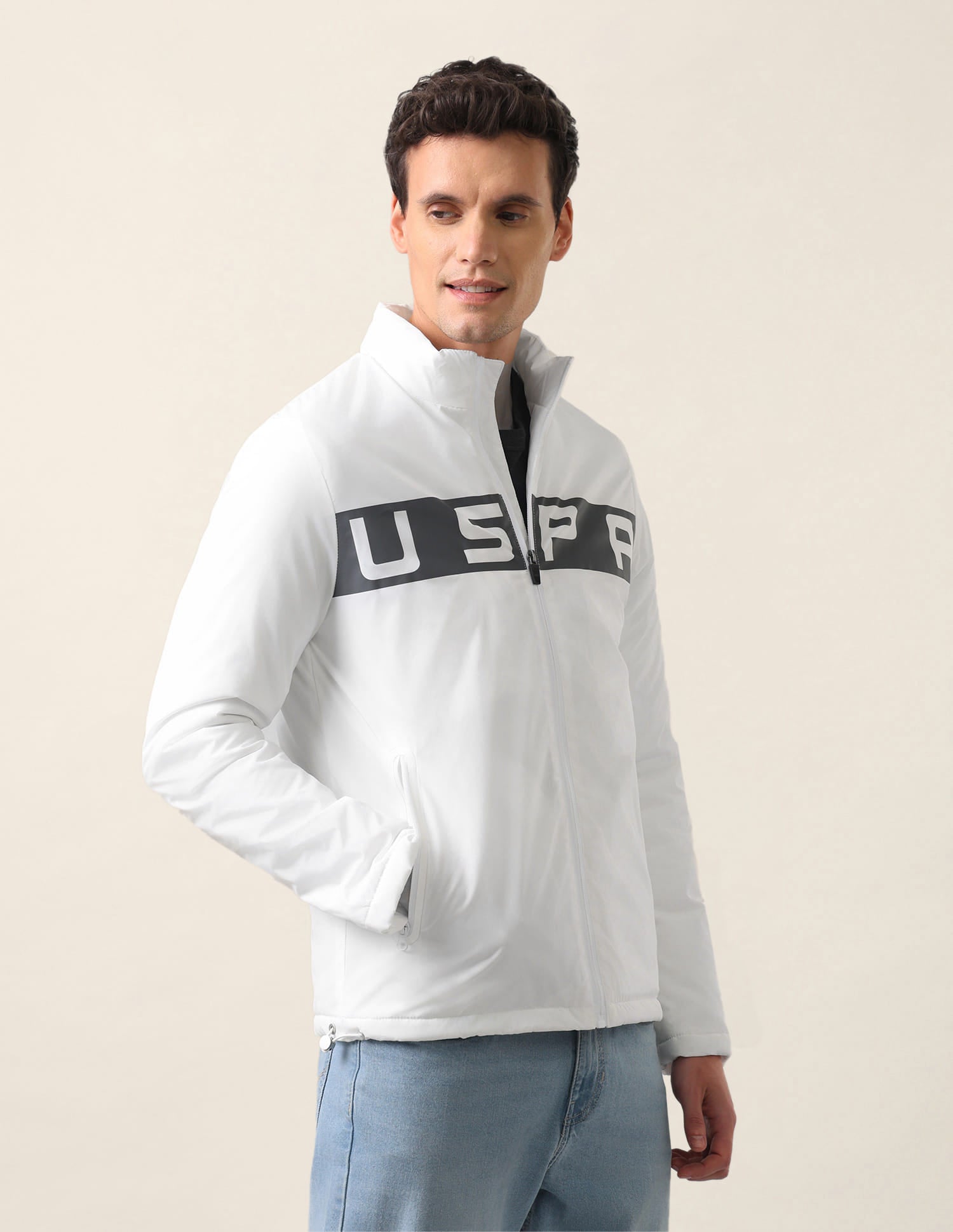 High Neck Brand Print Polyester Casual Jacket White - U.S. Polo Assn. India | Large