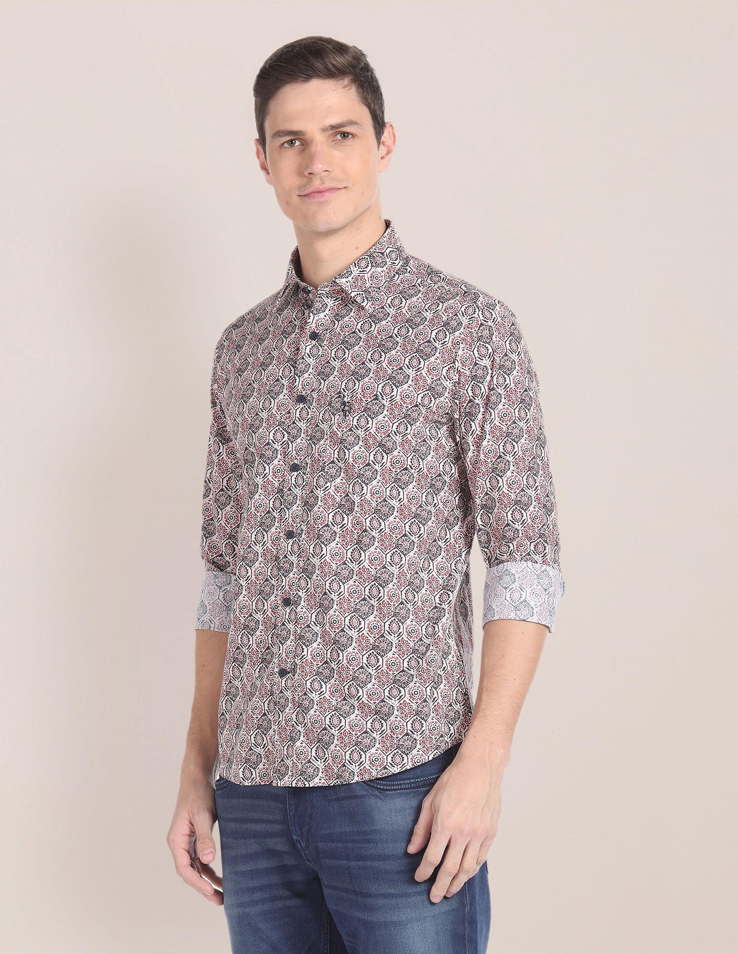 Long Sleeve Floral Print Shirt Maroon and White - U.S. Polo Assn. India | Large