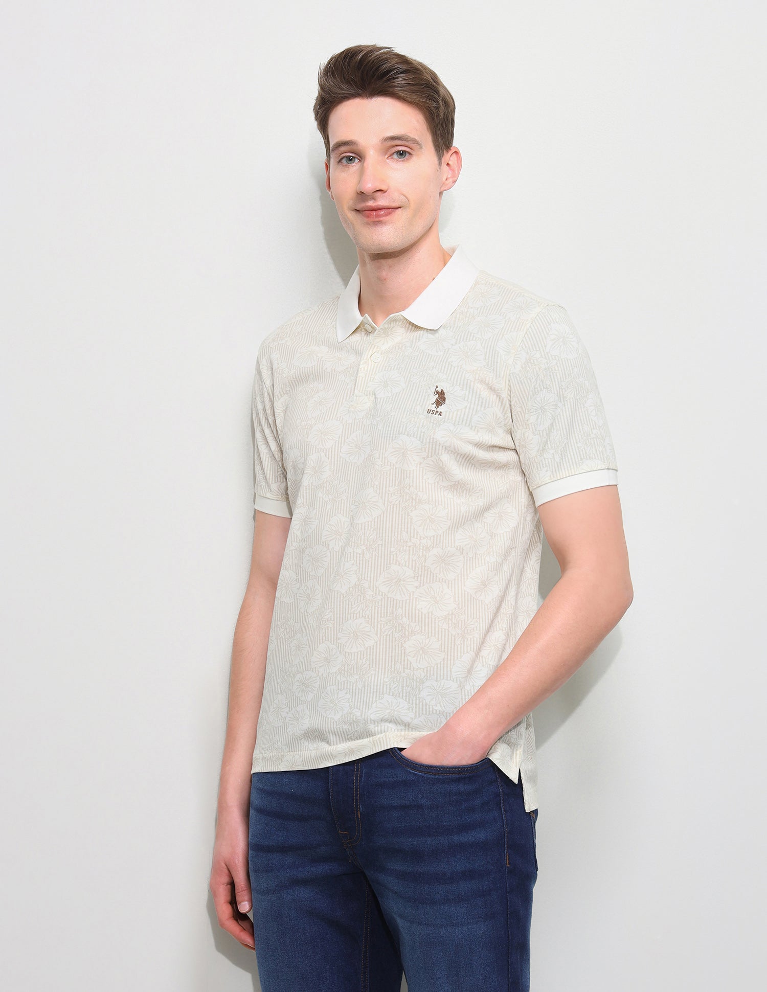 Floral Vertical Striped Slim Fit Polo Shirt Off White - U.S. Polo Assn. India | Large