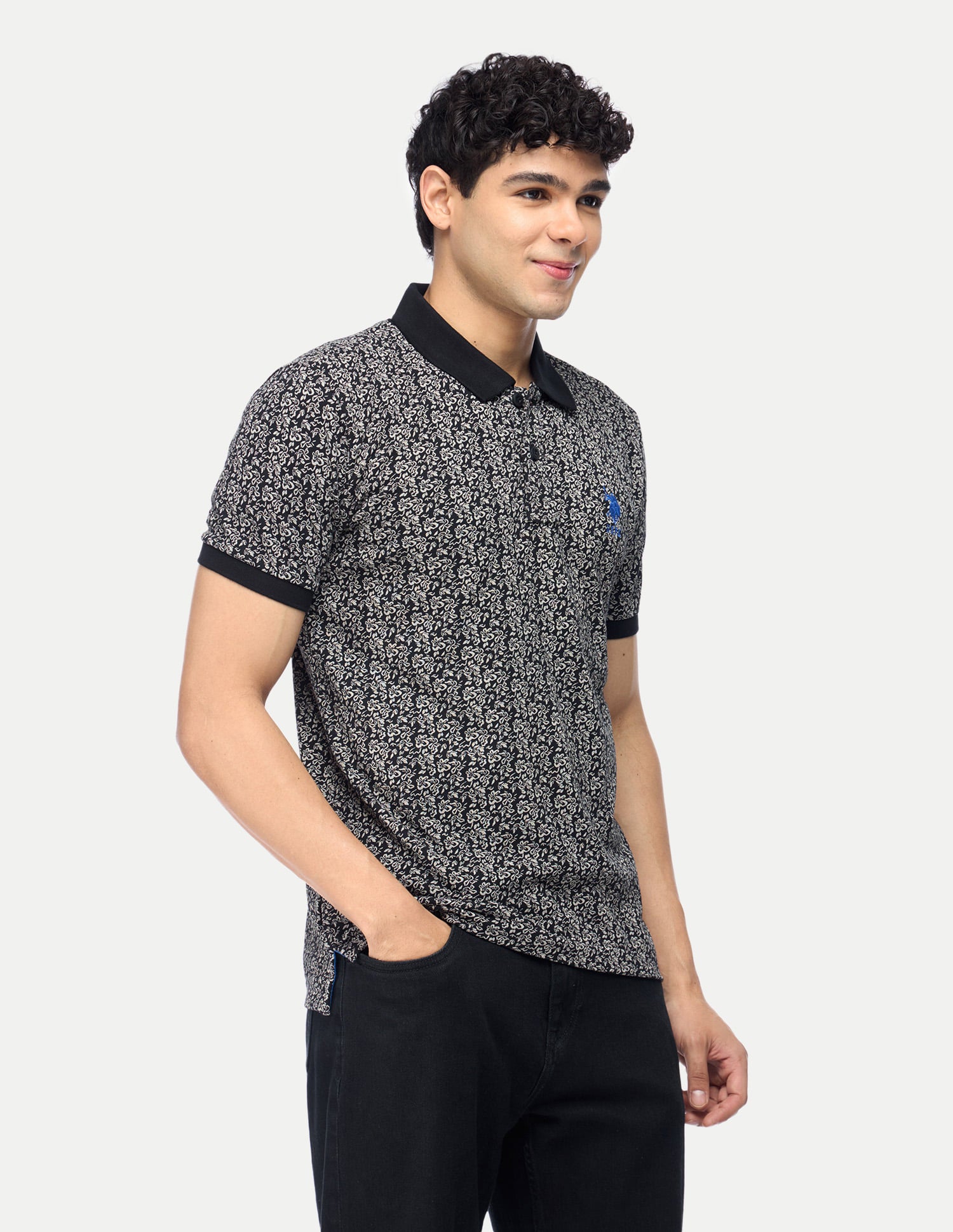Floral Print Slim Fit Polo Shirt Black - U.S. Polo Assn. India | Large