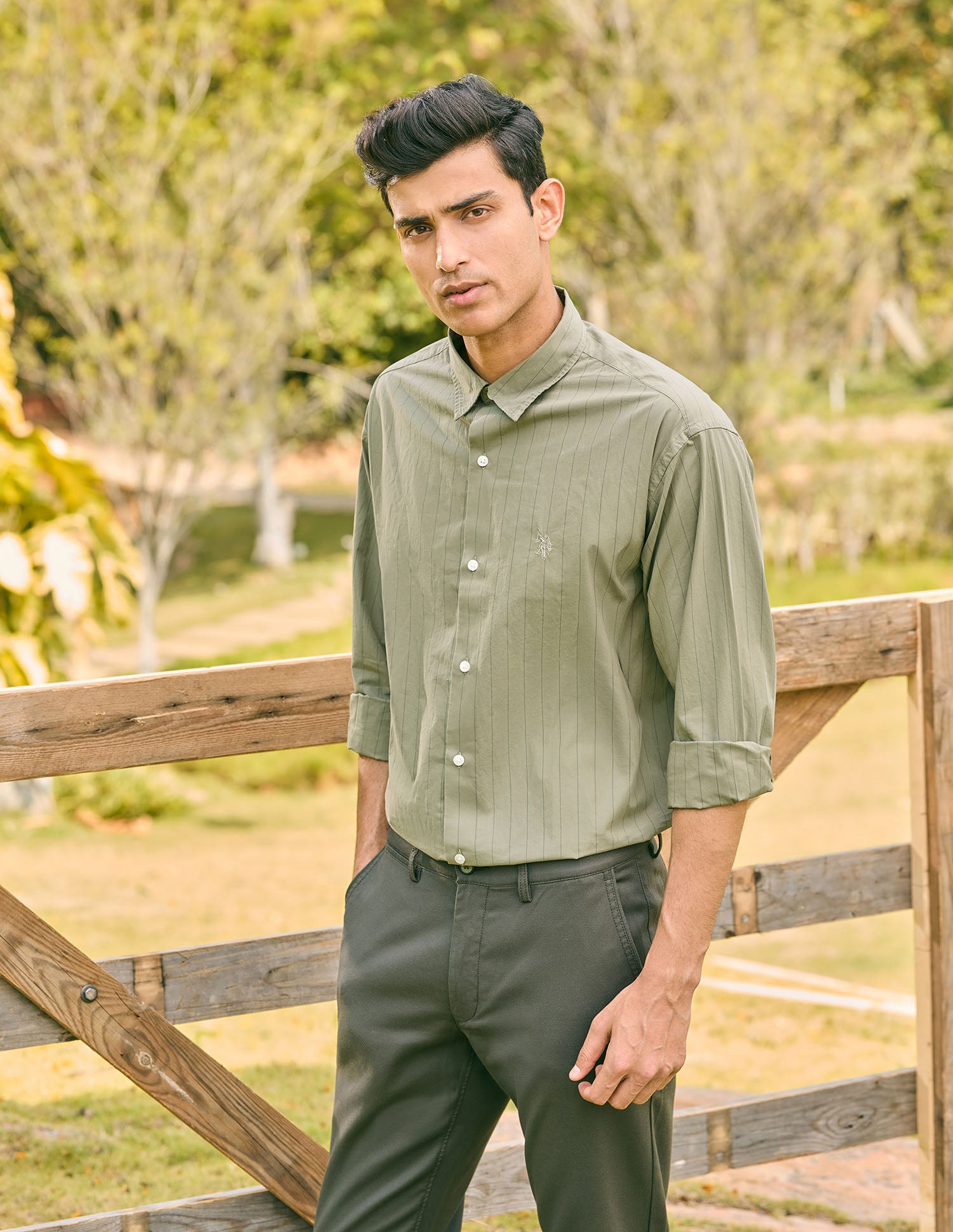 Pacho X Vertical Striped Tailored Fit Shirt Light Olive - U.S. POLO ASSN. | Large