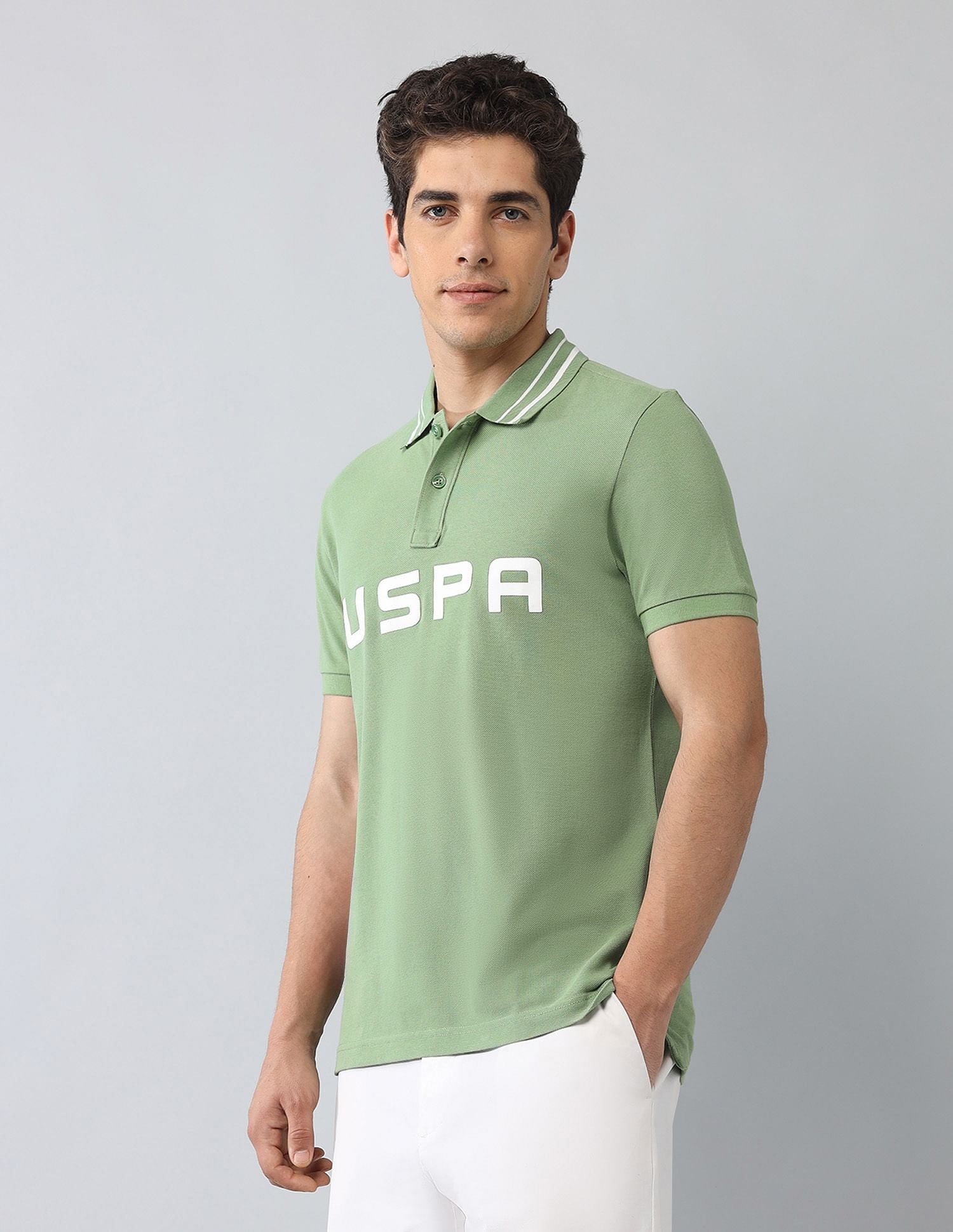 Muscle Fit Brand Printed Polo Shirt Green - U.S. Polo Assn. India | Large