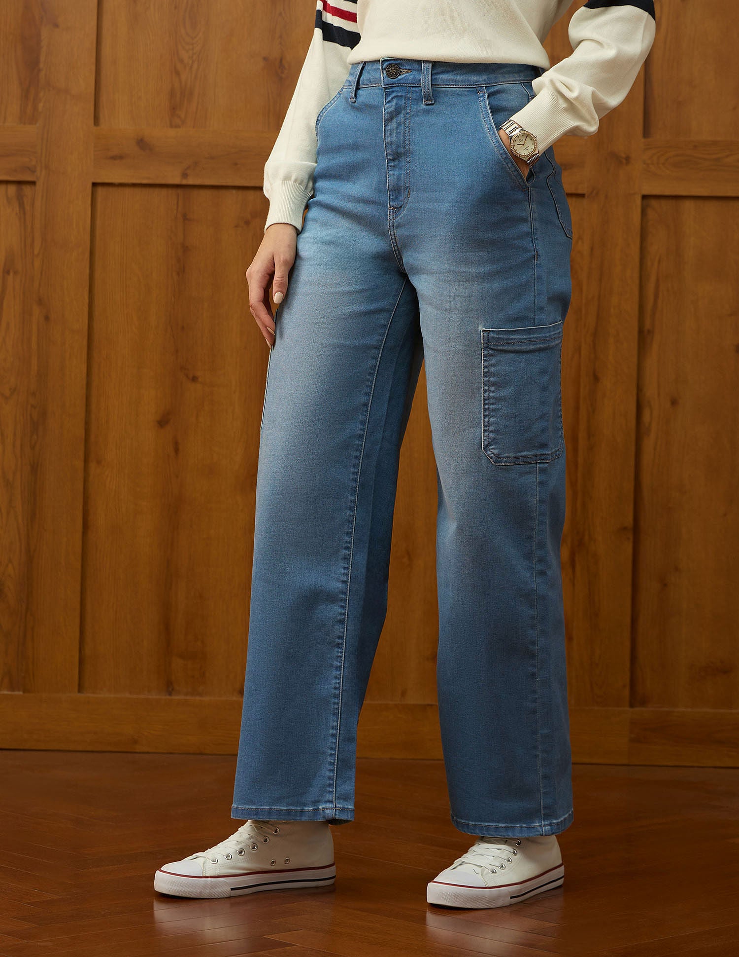 High Rise Wide Leg Cargo Jeans Mid Blue Khaki Tint - U.S. POLO ASSN. | Large