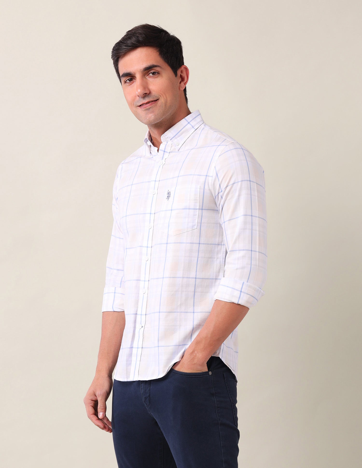 Grid Tattersall Checked Tailored Fit Shirt Blue - U.S. Polo Assn. India | Large