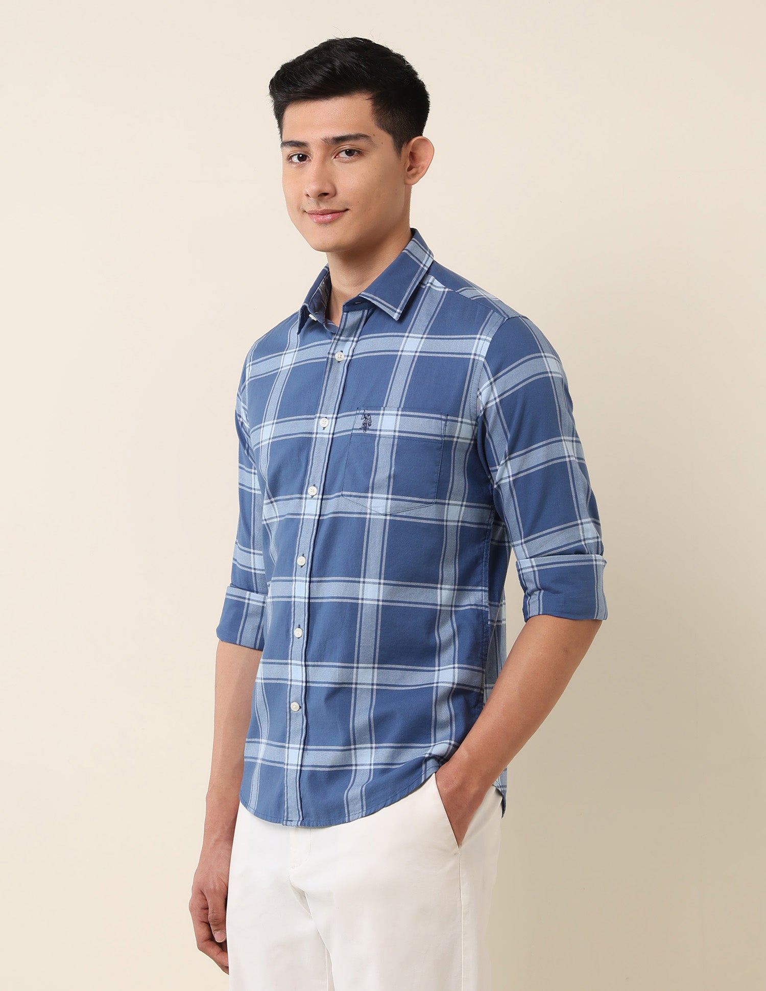 Grid Tattersall Checked Pure Cotton Shirt Blue - U.S. Polo Assn. India | Large