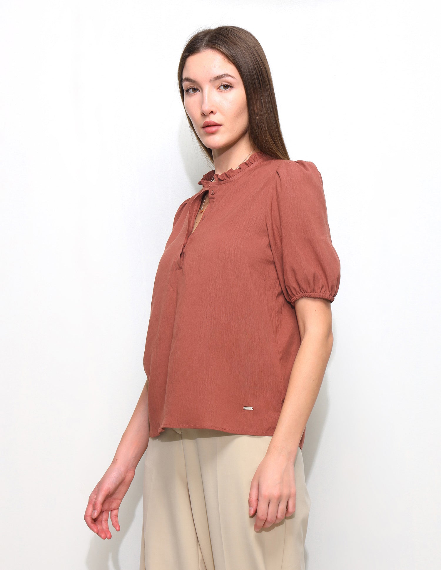 Solid Ruffle Neck Puff Sleeve Top Brown - U.S. Polo Assn. India | Large