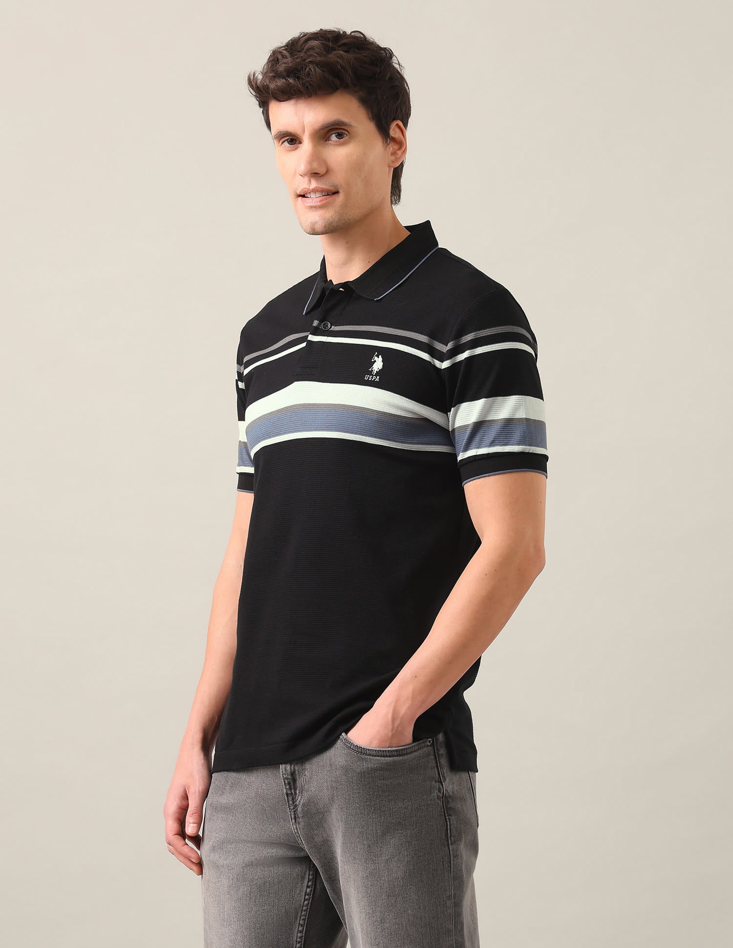 Horizontal Striped Slim Fit Polo Shirt Blue - U.S. Polo Assn. India | Large