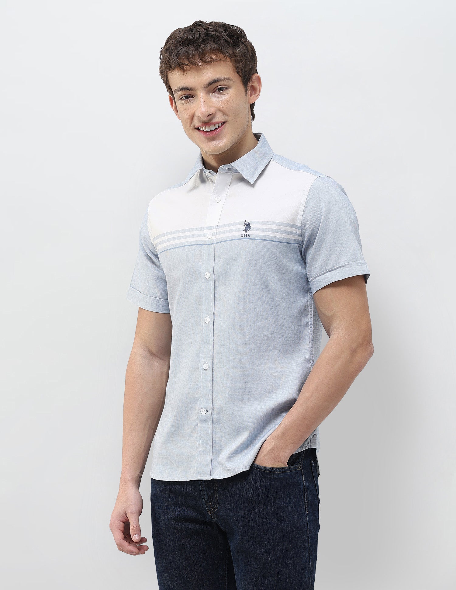 Solid Stripe Detail Regular Fit Shirt Blue - U.S. Polo Assn. India | Large