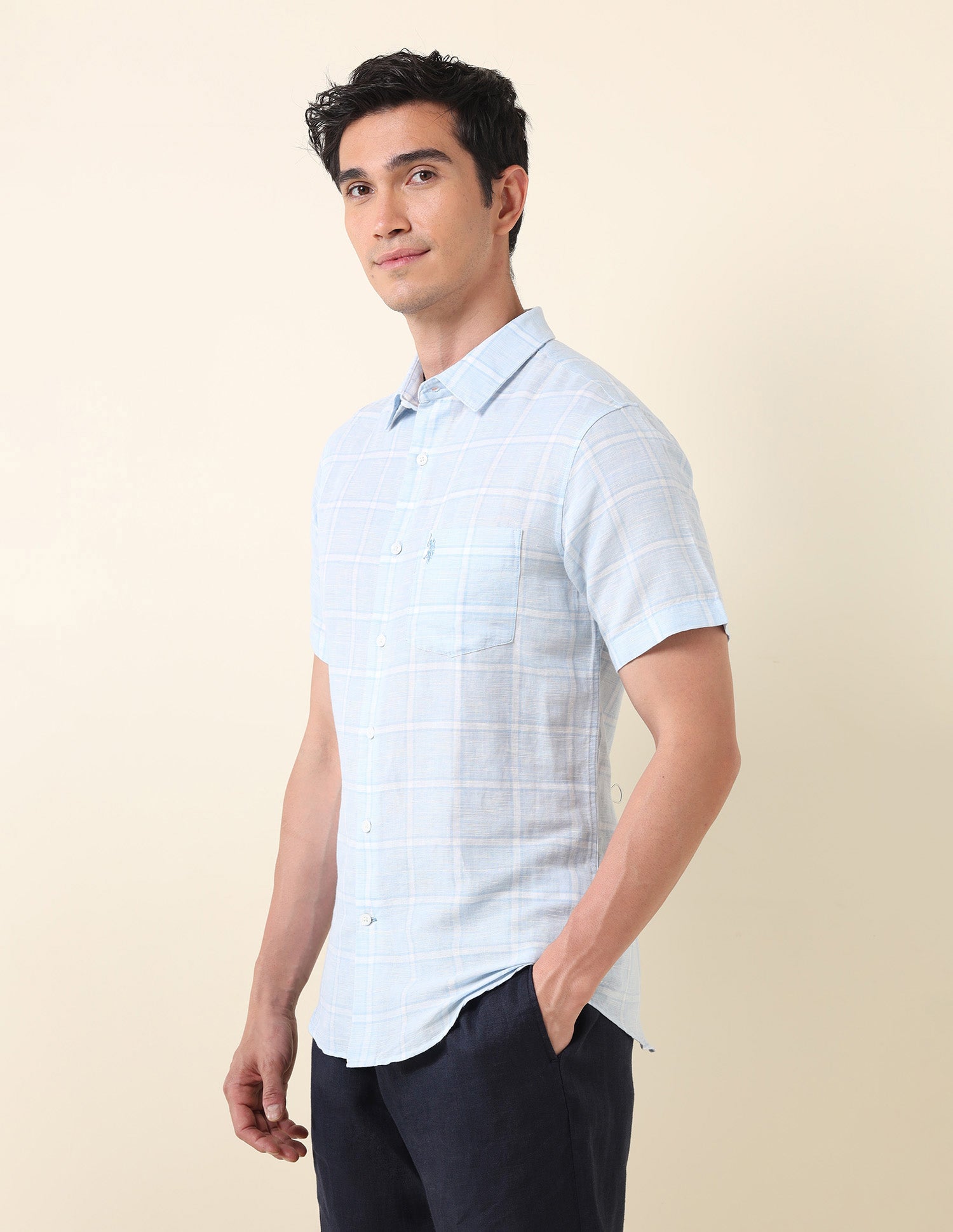 Grid Tattersall Checked Tailored Fit Shirt Light Blue - U.S. Polo Assn. India | Large