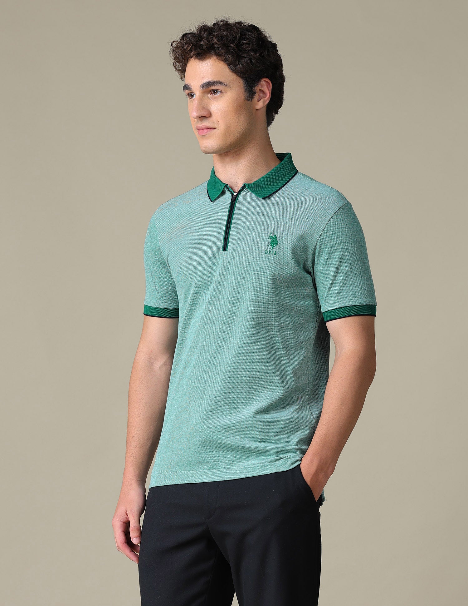 Heathered Regular Fit Polo Shirt Green - U.S. Polo Assn. India | Large