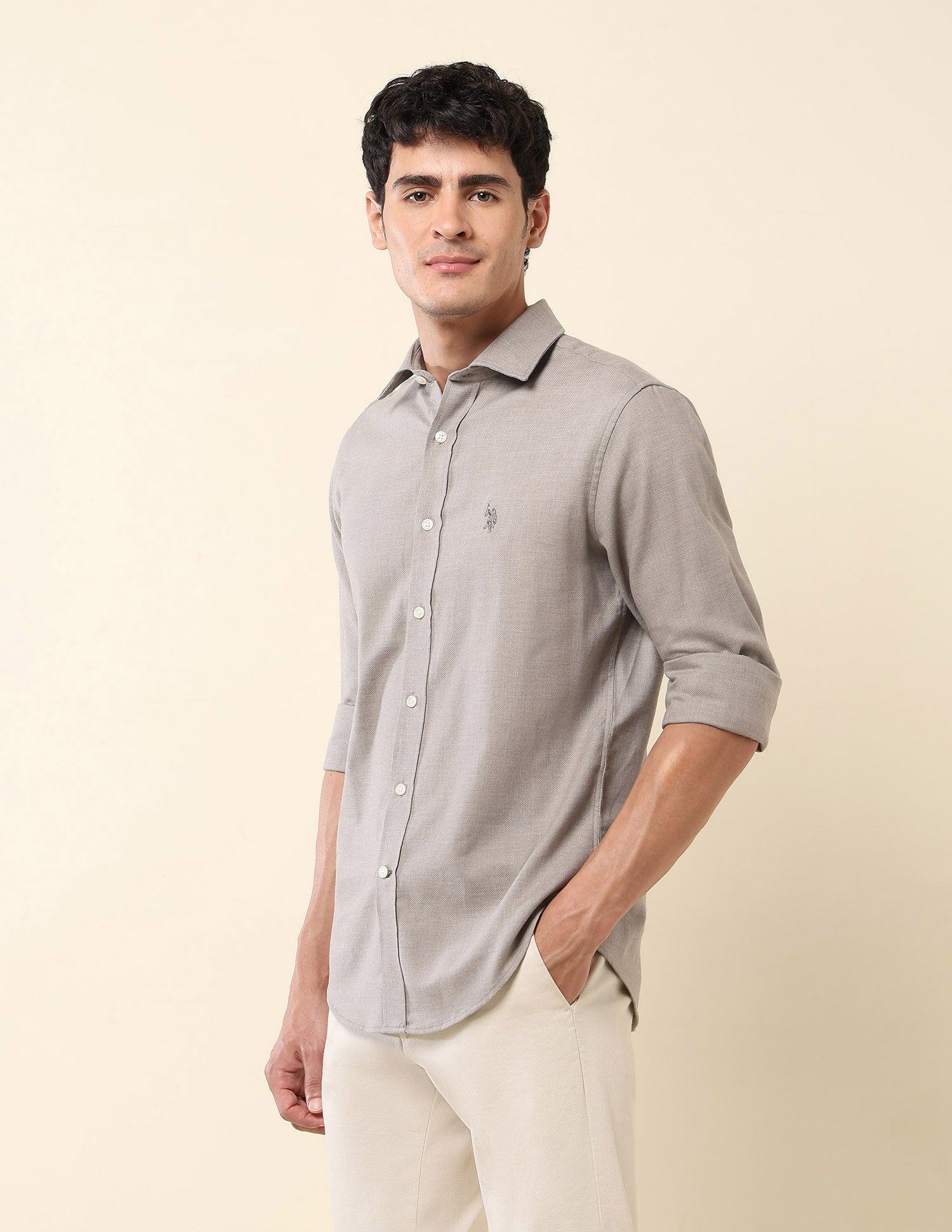 Tailored Fit Pure Cotton Dobby Shirt Grey - U.S. Polo Assn. India | Large