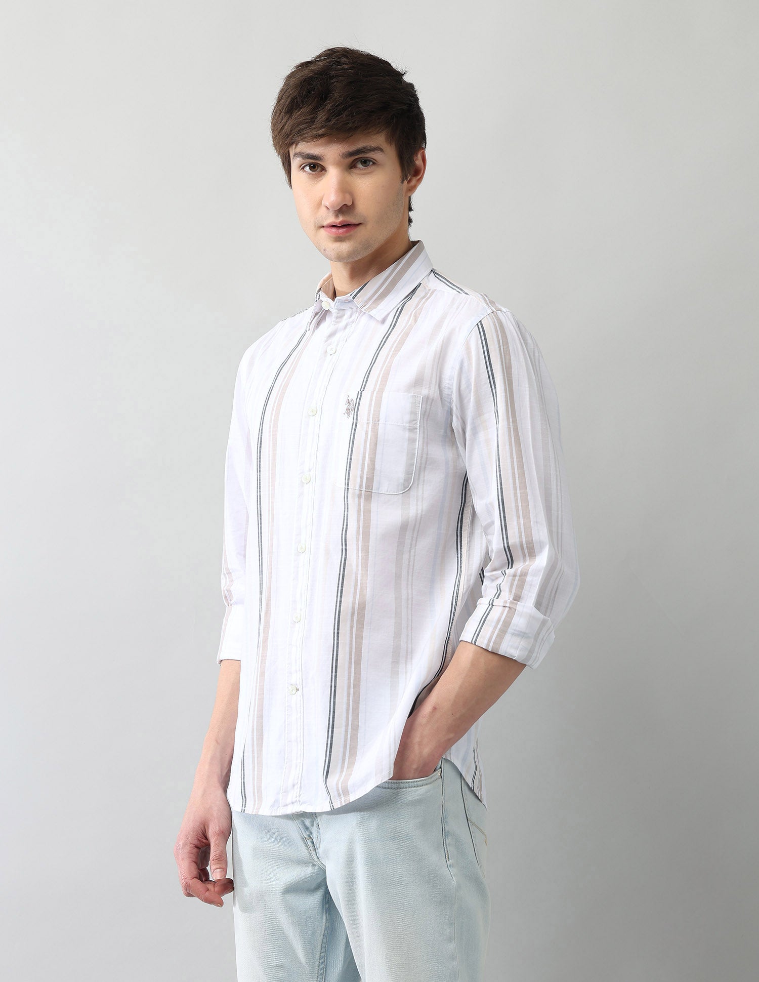 Vertical Striped Regular Fit Poplin Shirt Ivory - U.S. Polo Assn. India | Large