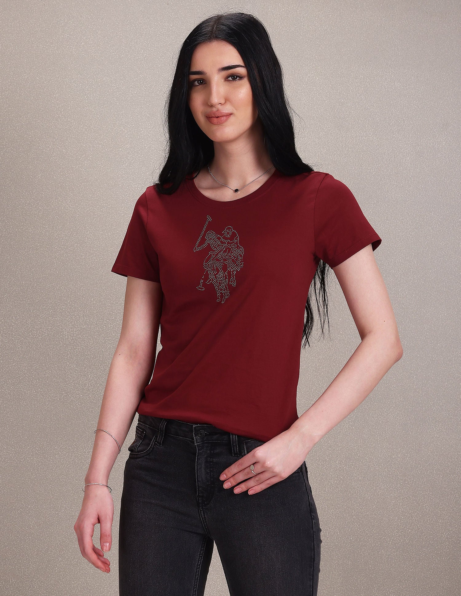 Crew Neck Embellished Logo T-Shirt Maroon - U.S. POLO ASSN. | Large