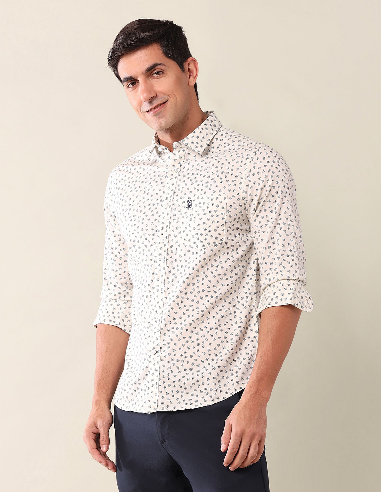 Tailored Fit Printed Shirt Off White - U.S. Polo Assn. India | Large