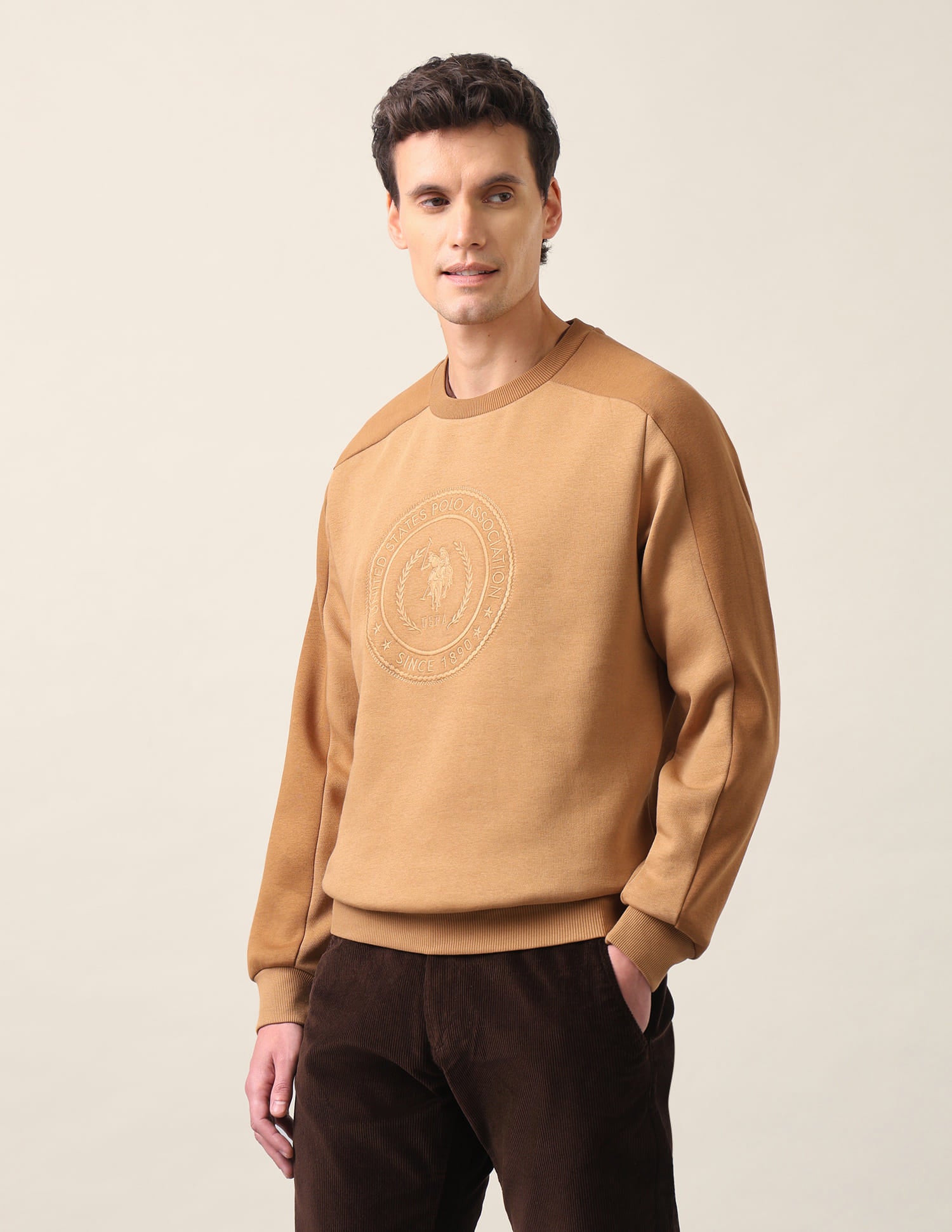 Crew Neck Embroidered Sweatshirt Brown - U.S. Polo Assn. India | Large