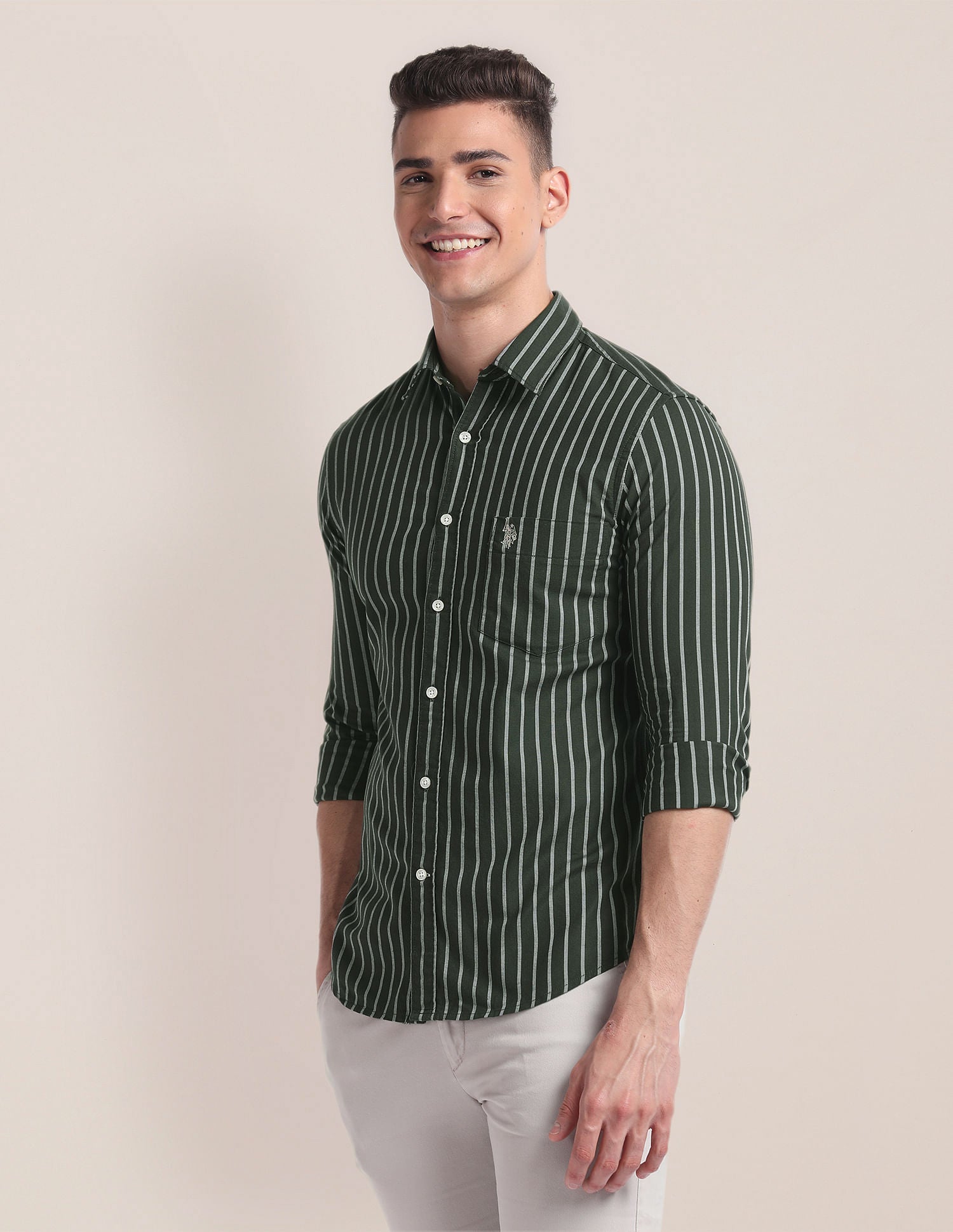 Premium Cotton Vertical Stripe Shirt Dark Olive - U.S. Polo Assn. India | Large