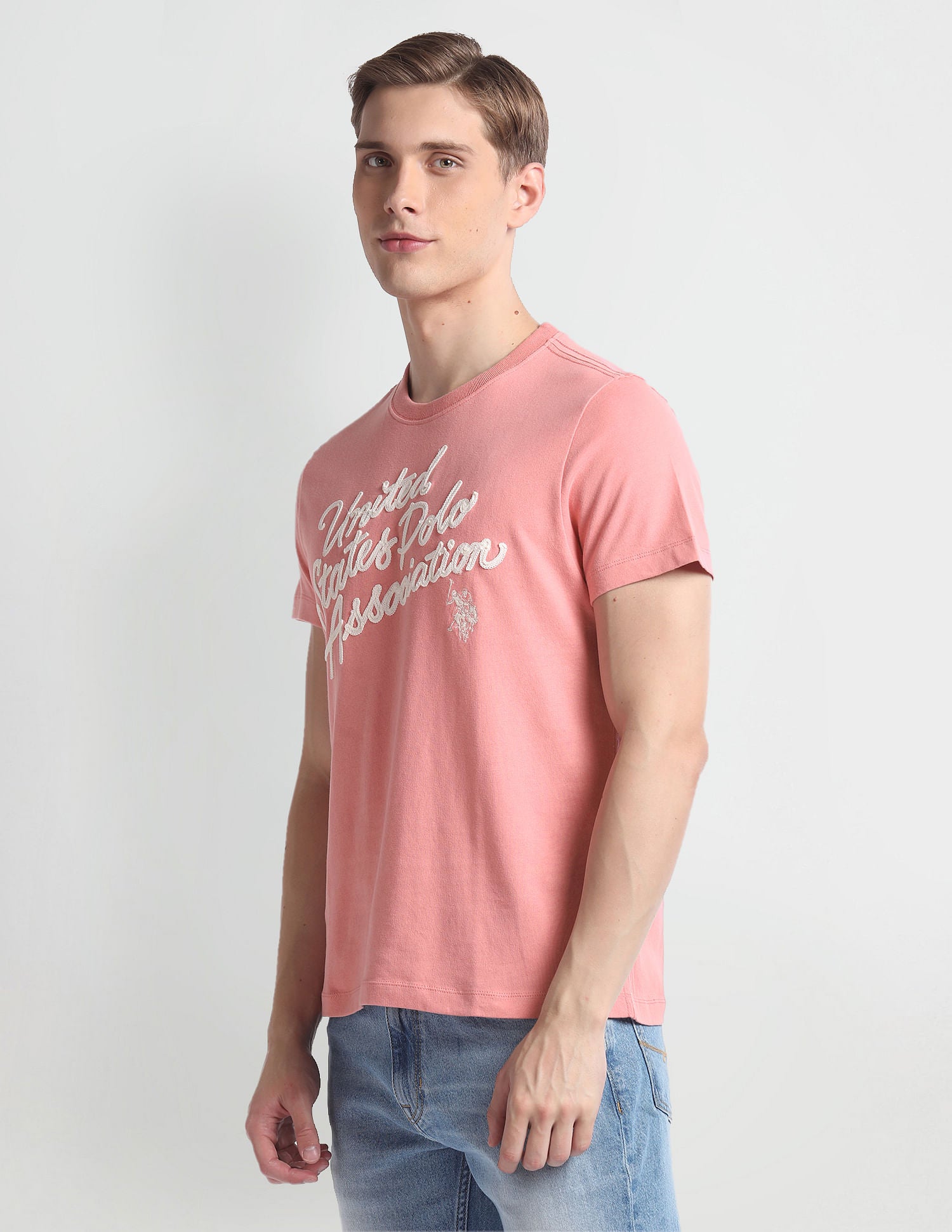 Crew Neck Brand Embroidered T-Shirt Pink - U.S. Polo Assn. India | Large