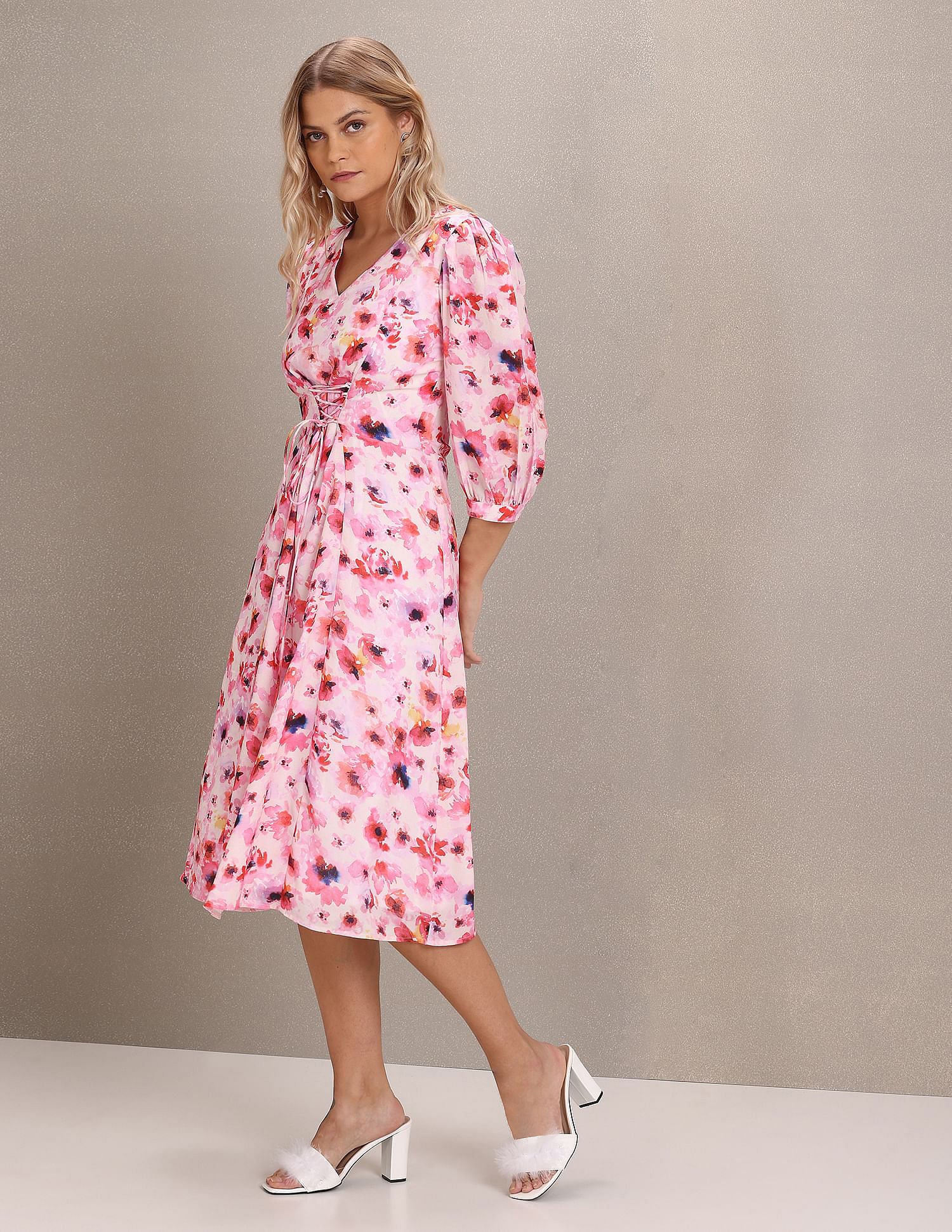 V-Neck Floral Print Fit And Flare Dress Pink - U.S. POLO ASSN. | Large