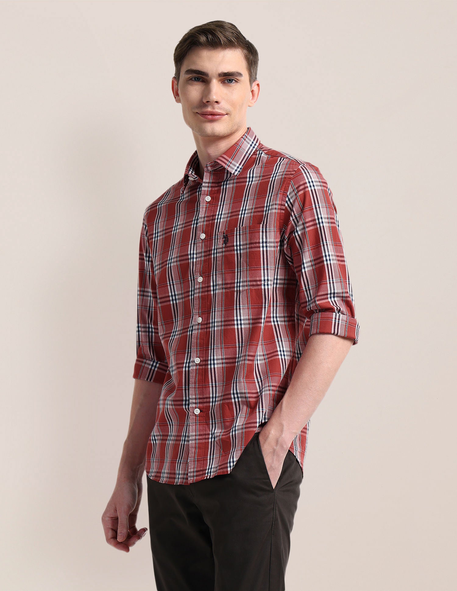 Cutaway Collar Premium Cotton Shirt Red - U.S. Polo Assn. India | Large