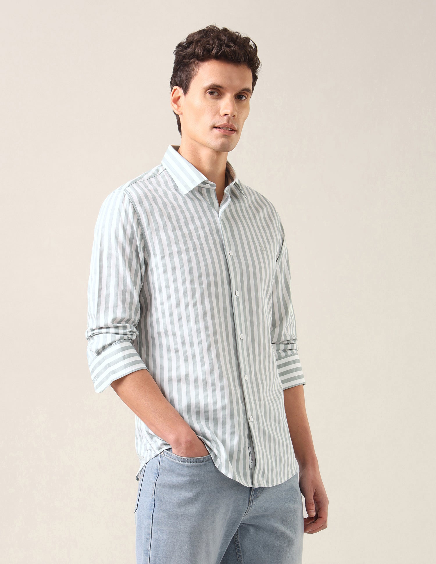 Vertical Striped Satin Shirt Light Green - U.S. Polo Assn. India | Large