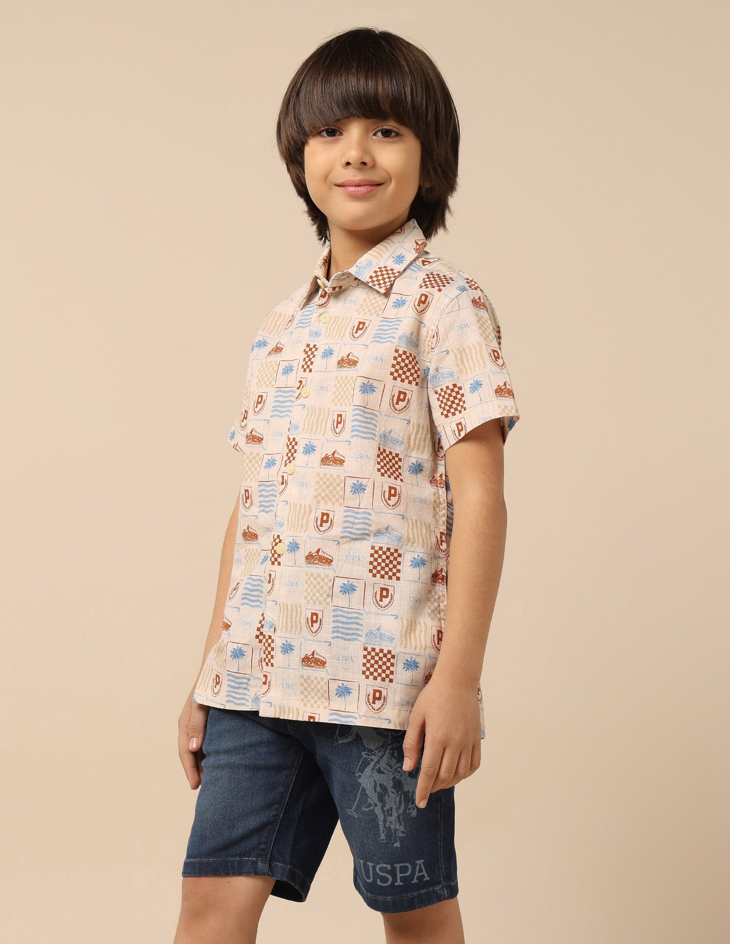 Boys All Over Printed Regular Fit Shirt Beige - U.S. POLO ASSN. | Large