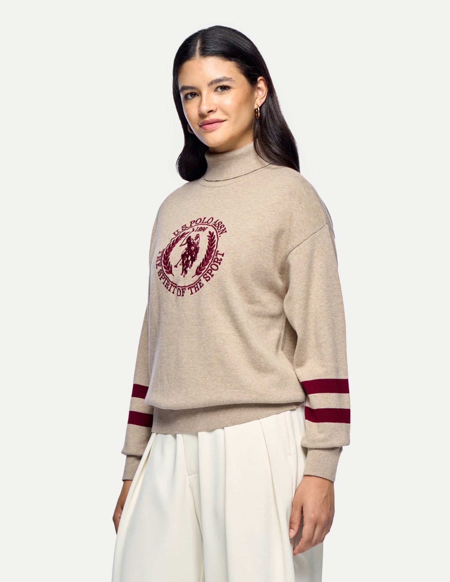 Brand Embroidered Relaxed Fit Sweater Beige - U.S. Polo Assn. India | Large