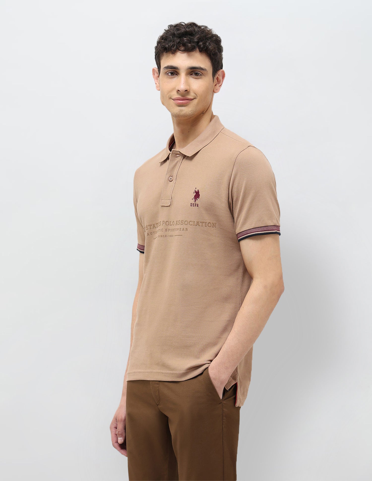 Typographic Printed Slim Fit Polo shirt Beige - U.S. Polo Assn. India | Large
