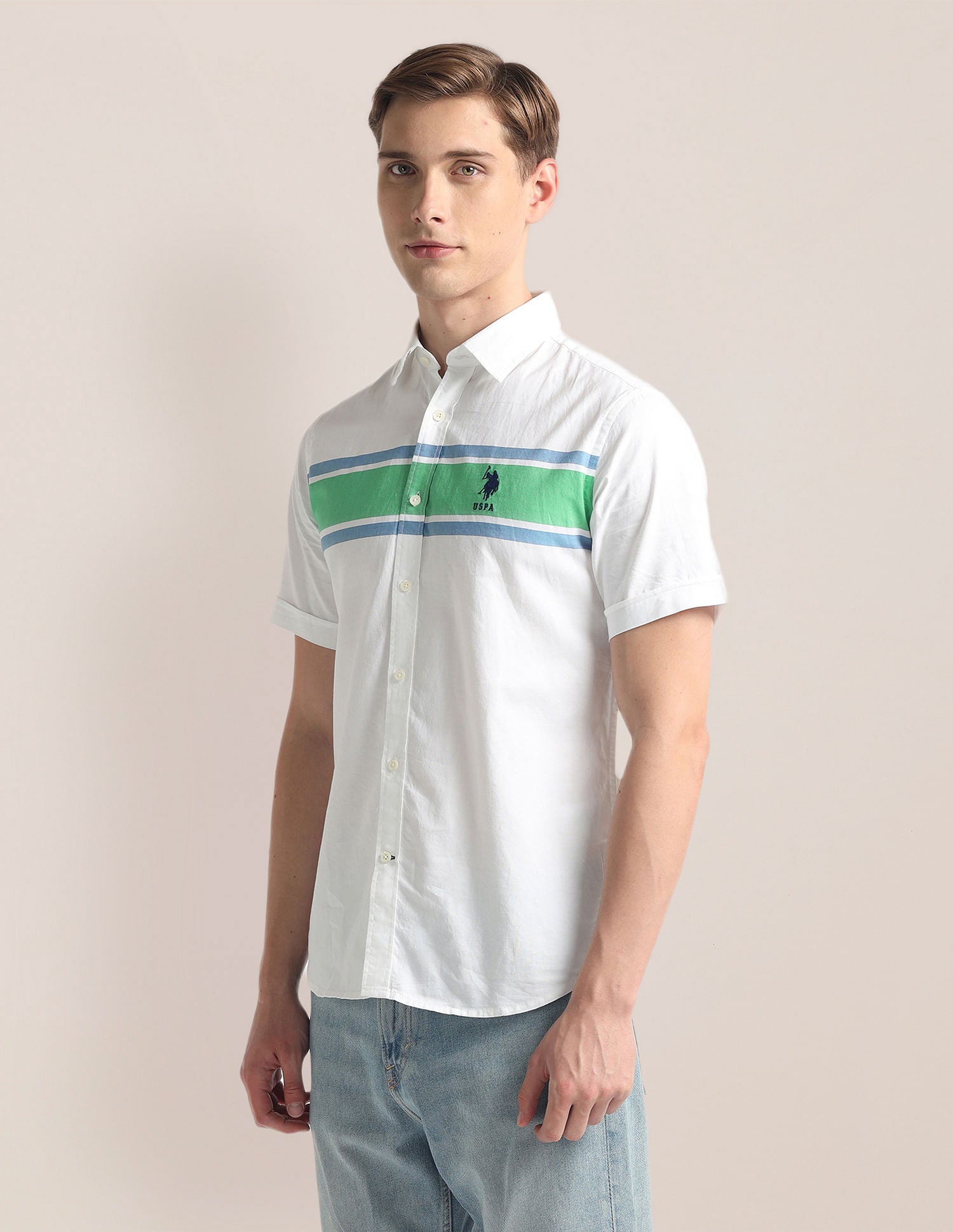 Horizontal Stripe Pinpoint Oxford Shirt White and Green - U.S. Polo Assn. India | Large