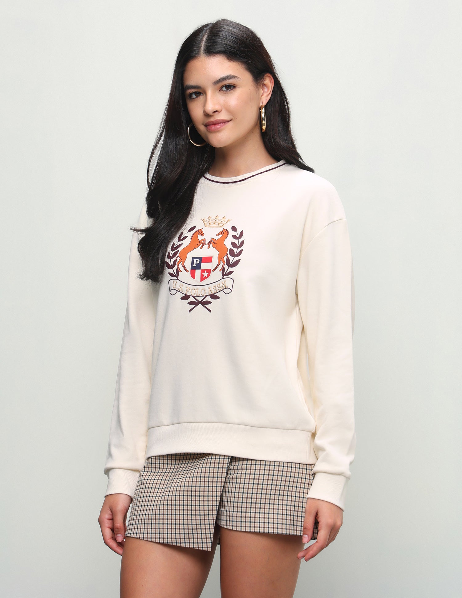 Graphic Brand Printed Relaxed Fit Sweatshirt Ecru - U.S. Polo Assn. India | Large