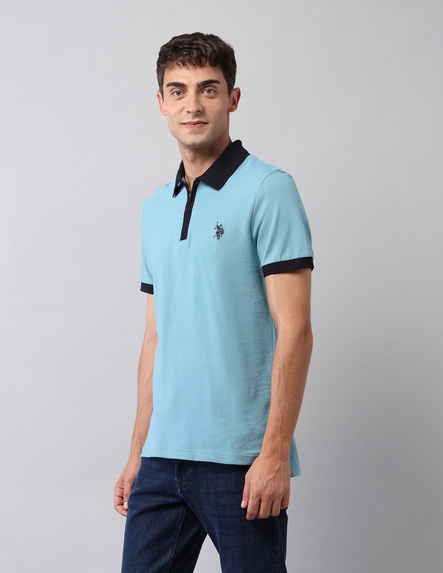 Pure Cotton Muscle Fit Polo Shirt Light Blue - U.S. Polo Assn. India | Large