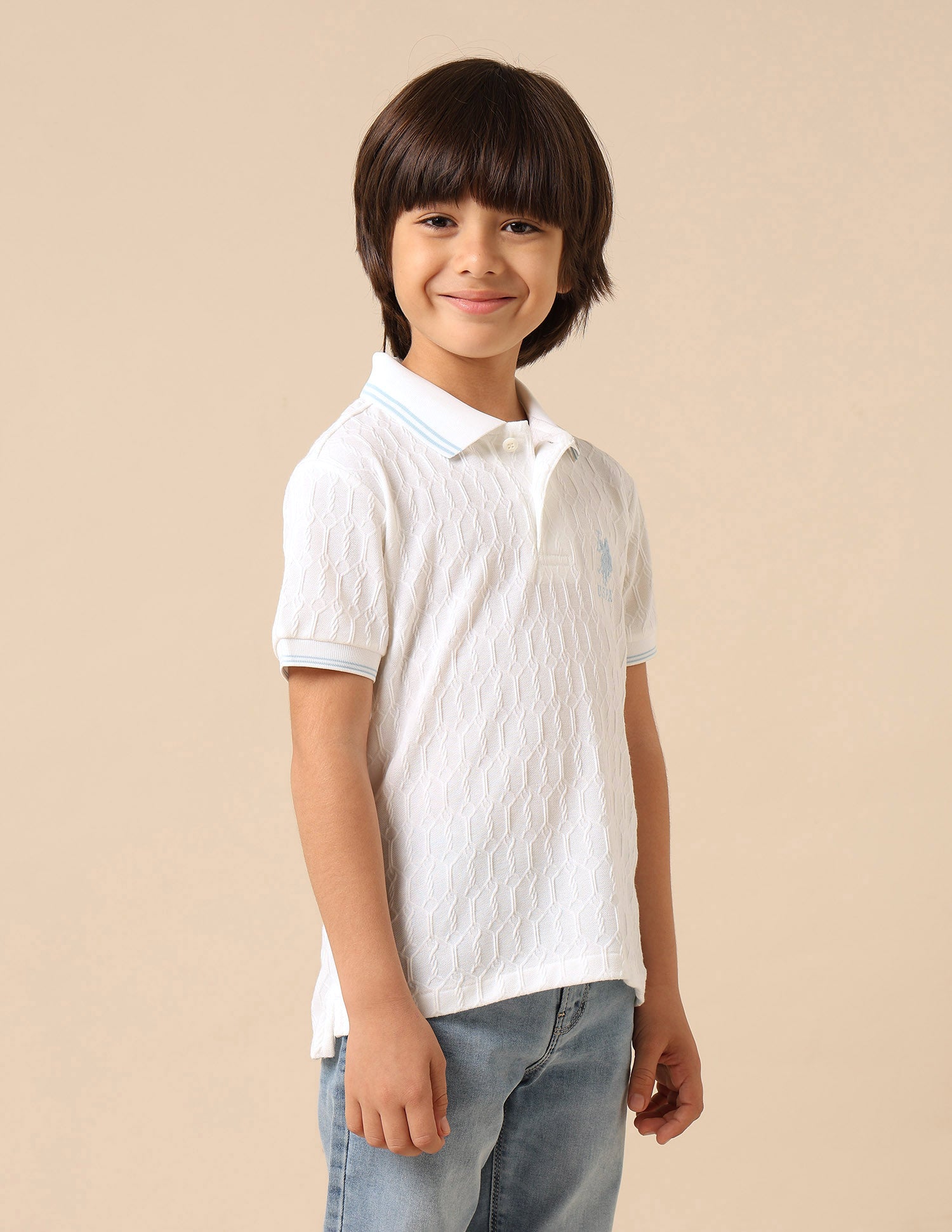 Boys Textured Pure Cotton Polo Shirt White - U.S. POLO ASSN. | Large