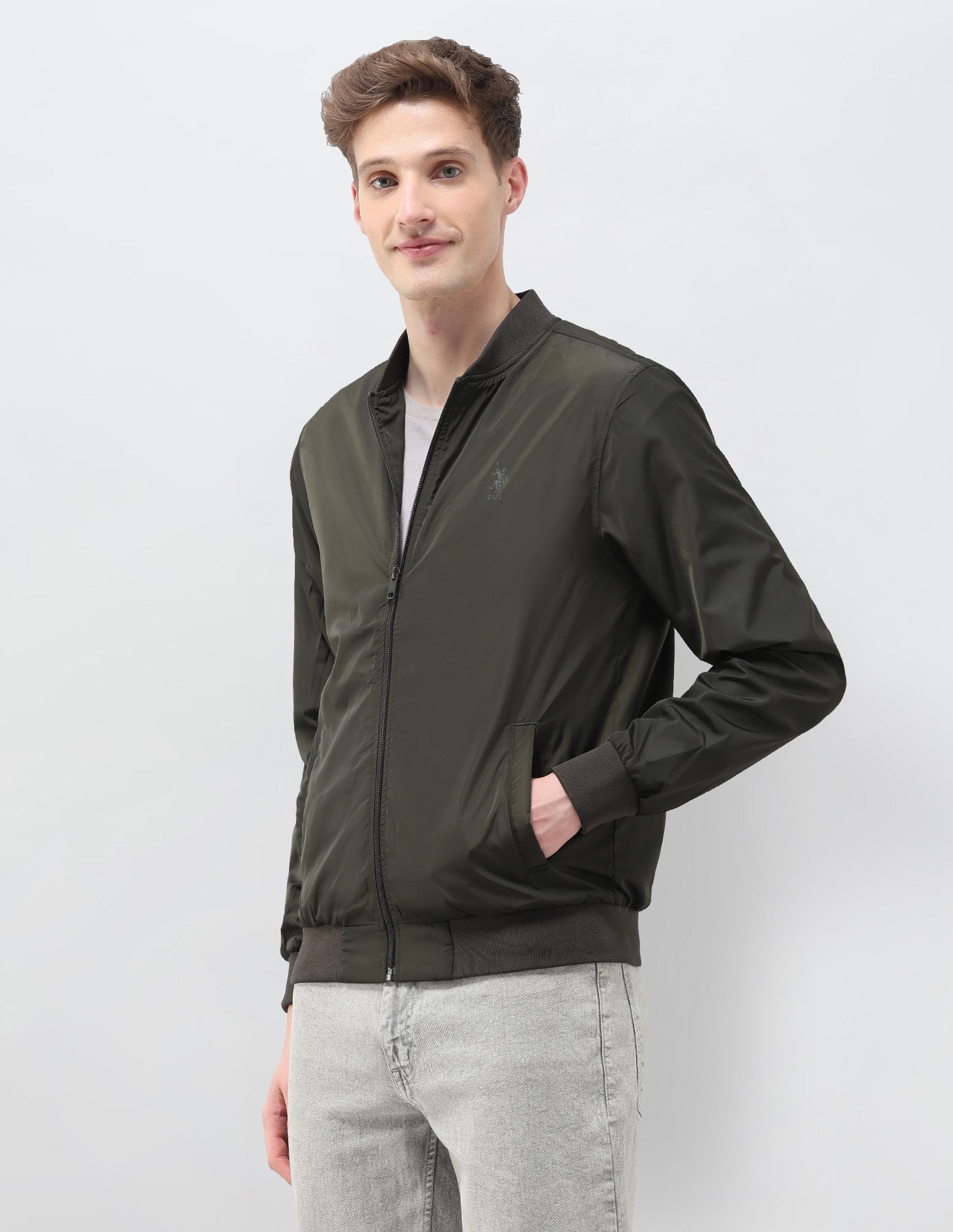 Solid Regular Fit Bomber Jacket Olive - U.S. Polo Assn. India | Large
