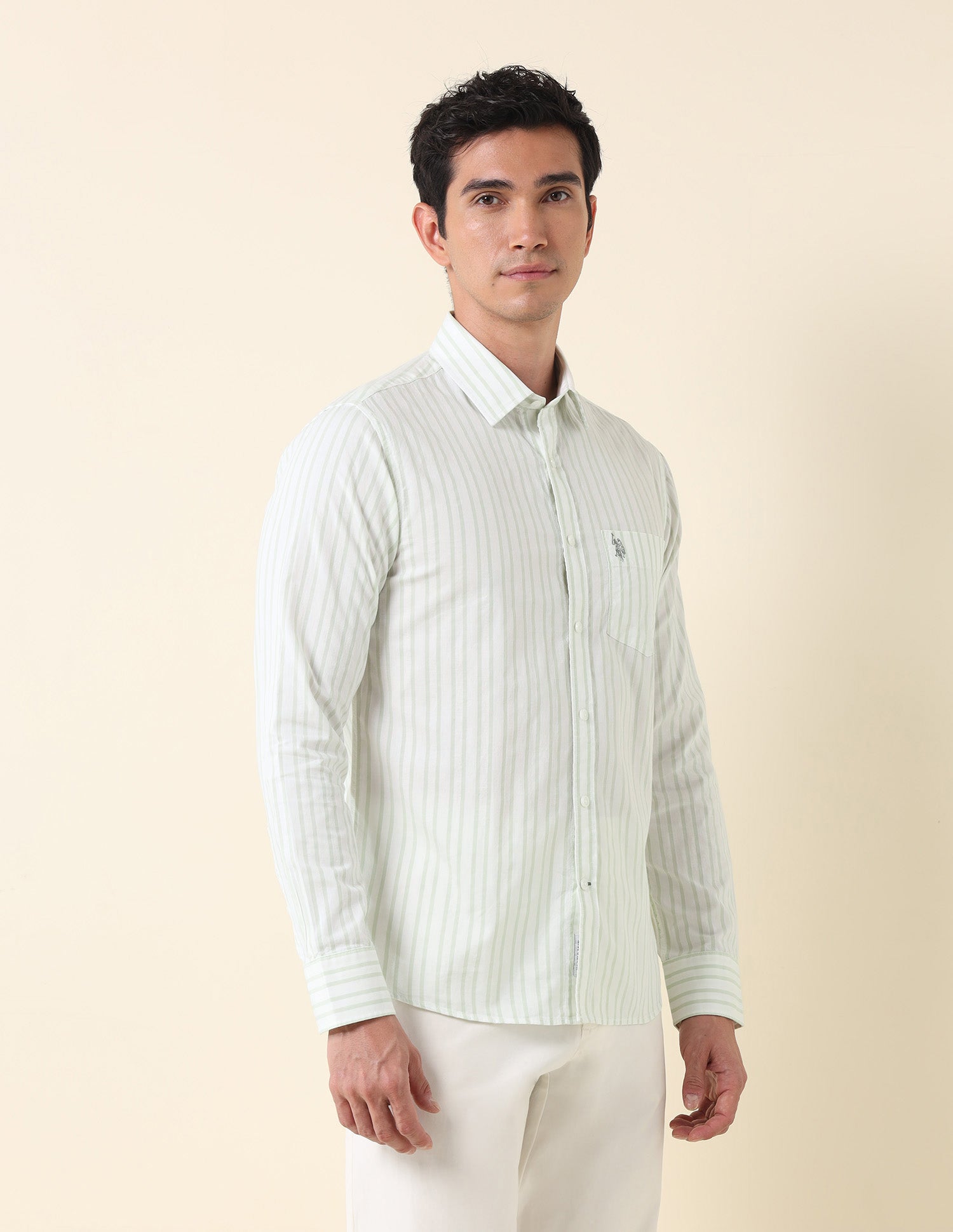 Vertical Striped Twill Shirt Light Green - U.S. Polo Assn. India | Large