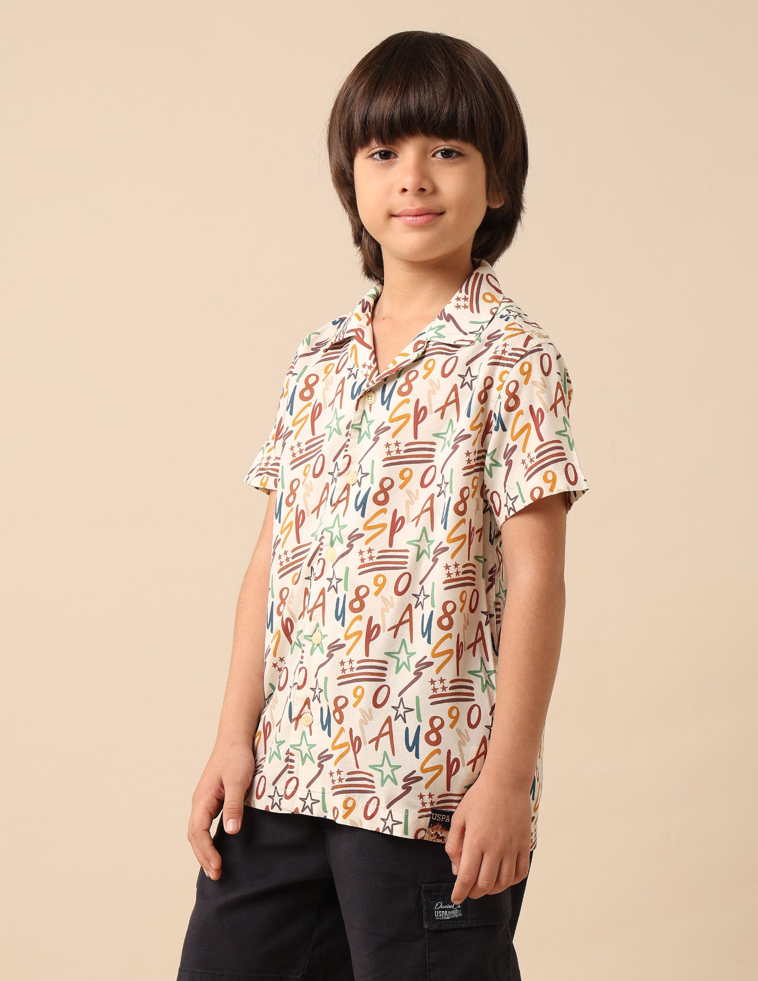 Boys All Over Printed Cuban Shirt Off White - U.S. POLO ASSN. | Large