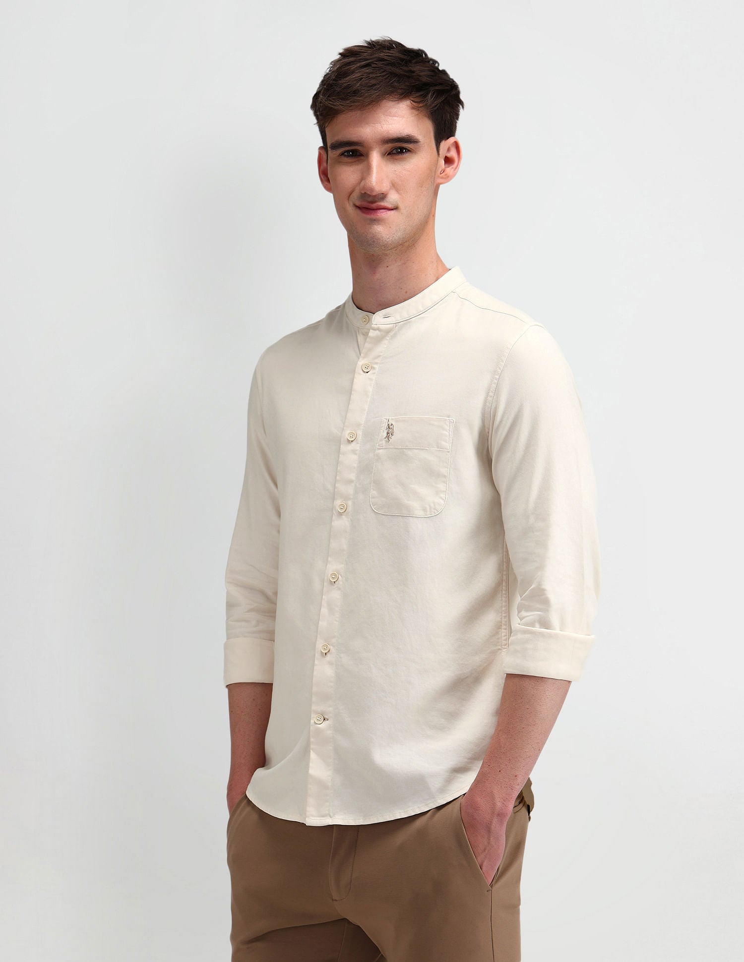Slim Fit Solid Shirt Off-White - U.S. Polo Assn. India | Large