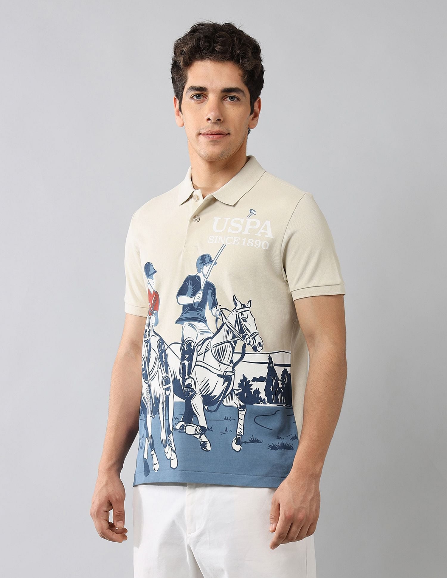 Brand Printed Muscle Fit Polo Shirt Beige - U.S. Polo Assn. India | Large