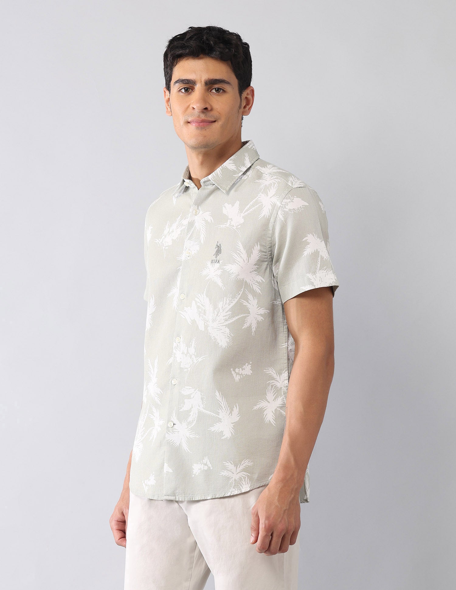 Tropical Printed Dobby Regular Fit Shirt Light Green - U.S. Polo Assn. India | Large