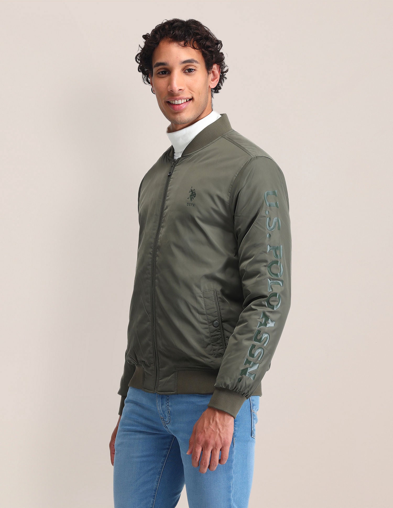 Regular Fit Solid Bomber Jacket Olive Green - U.S. Polo Assn. India | Large
