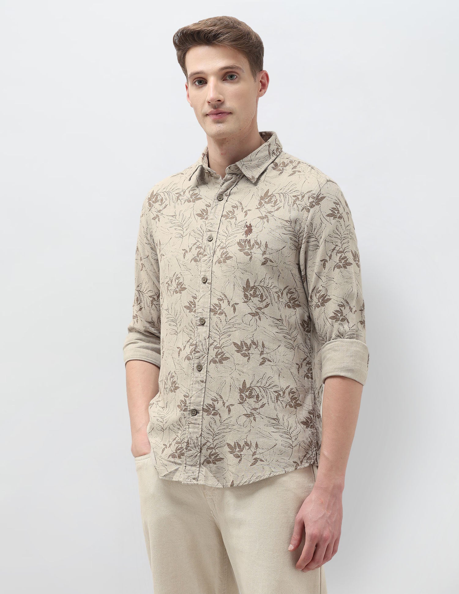 Tropical Printed Regular Fit Shirt Light Khaki - U.S. Polo Assn. India | Large