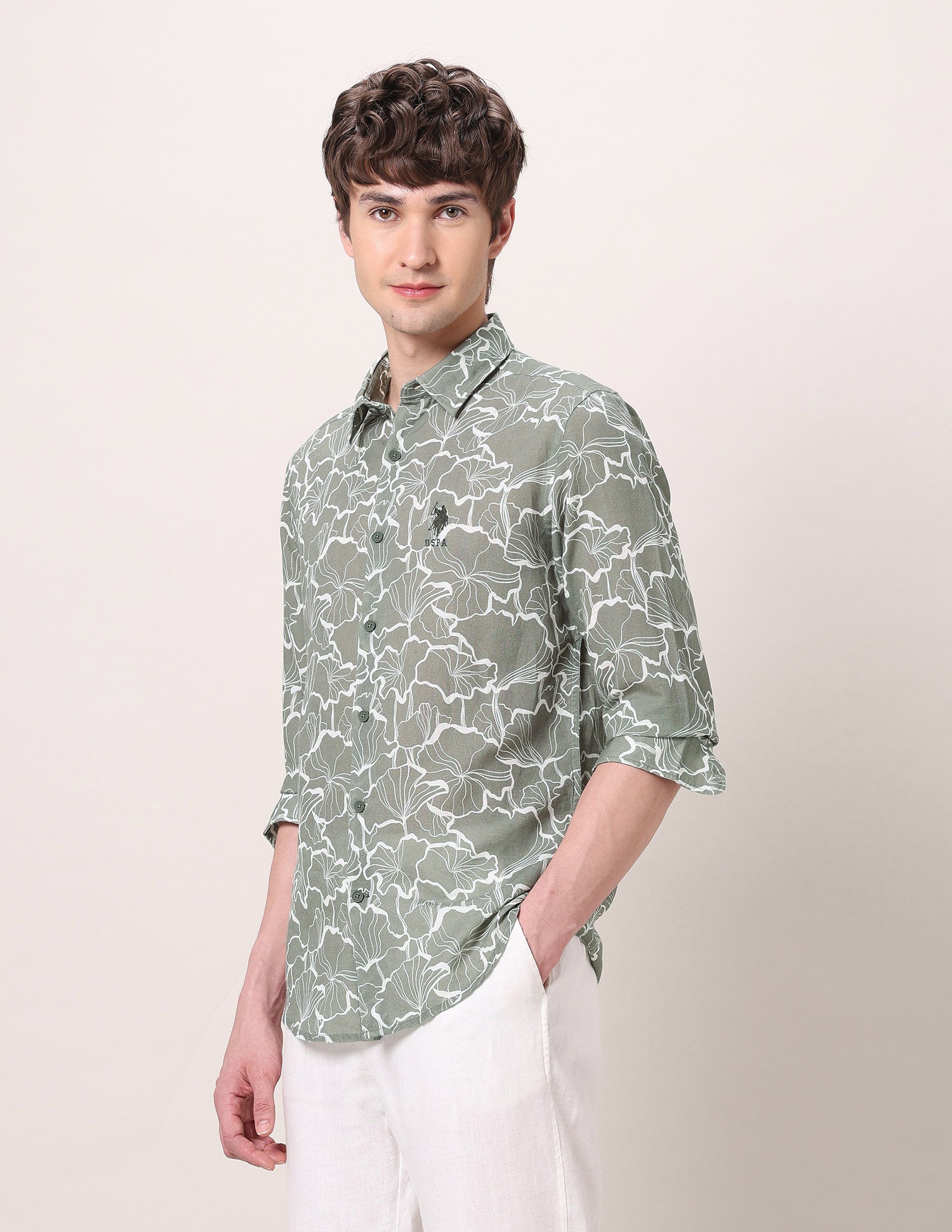 Floral Printed Regular Fit Shirt Light Olive - U.S. Polo Assn. India | Large
