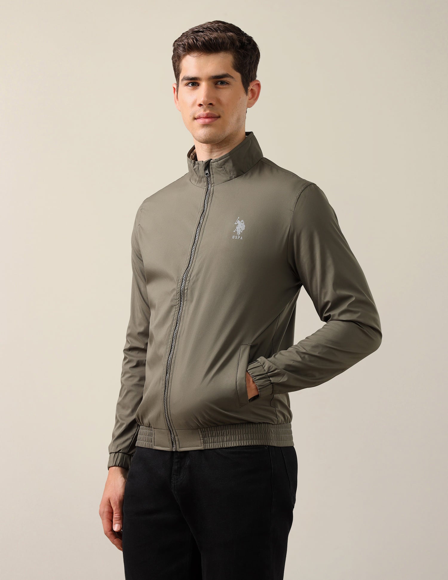 High Neck Solid Polyester Jacket Olive - U.S. Polo Assn. India | Large