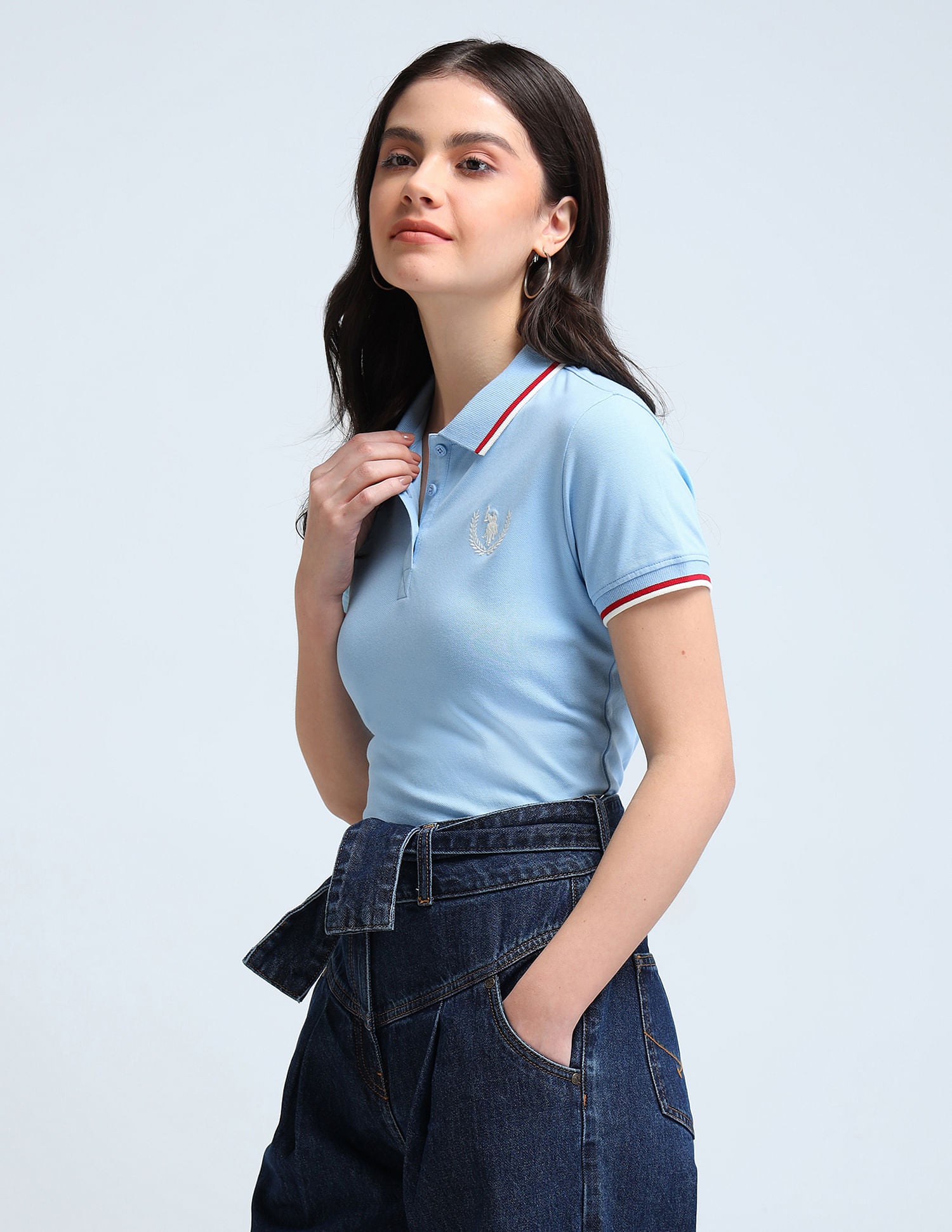 Tipped Collar Crest Logo Polo Shirt Light Blue - U.S. Polo Assn. India | Large