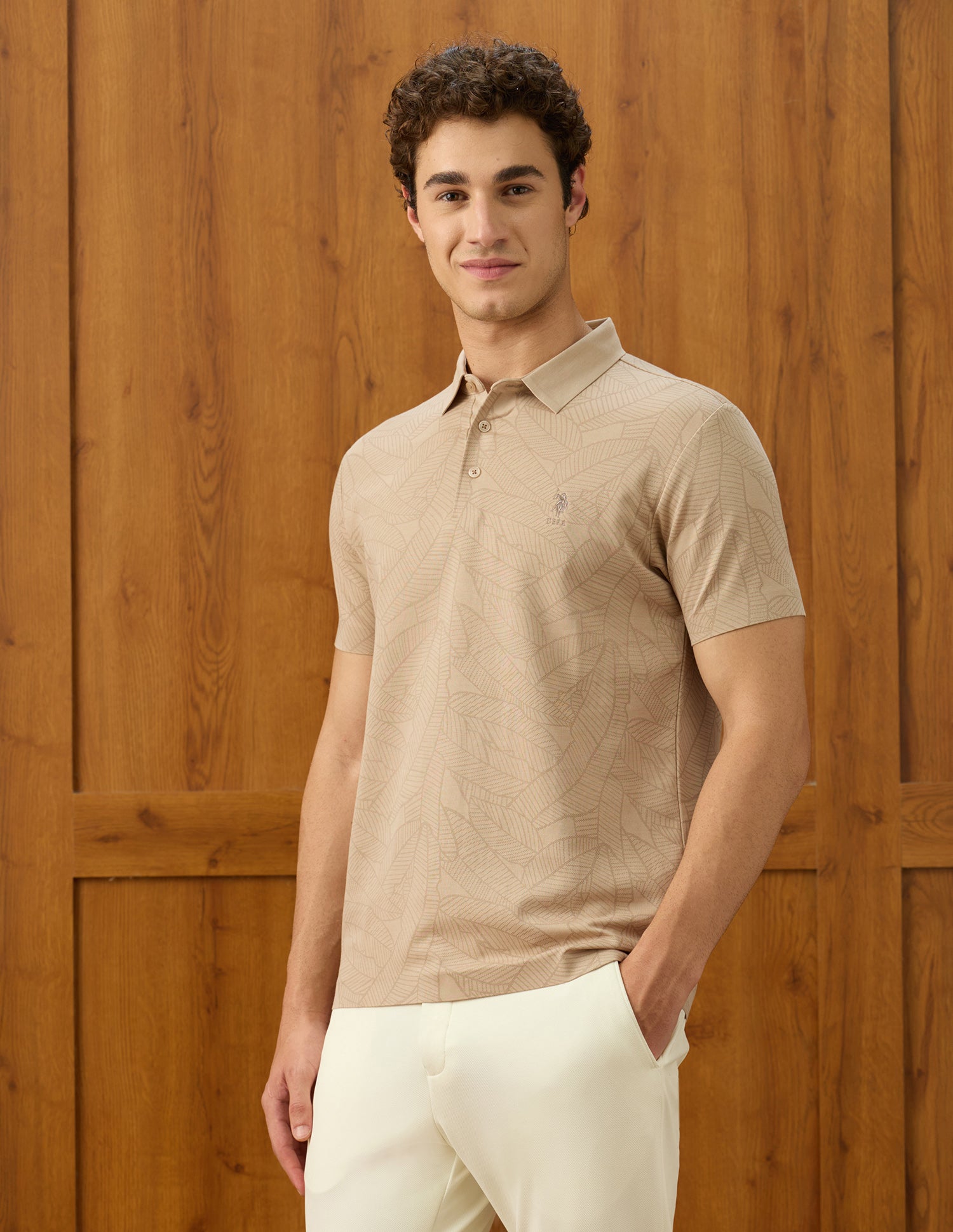 Elvenado Tropical Printed Polo Shirt Beige - U.S. Polo Assn. India | Large