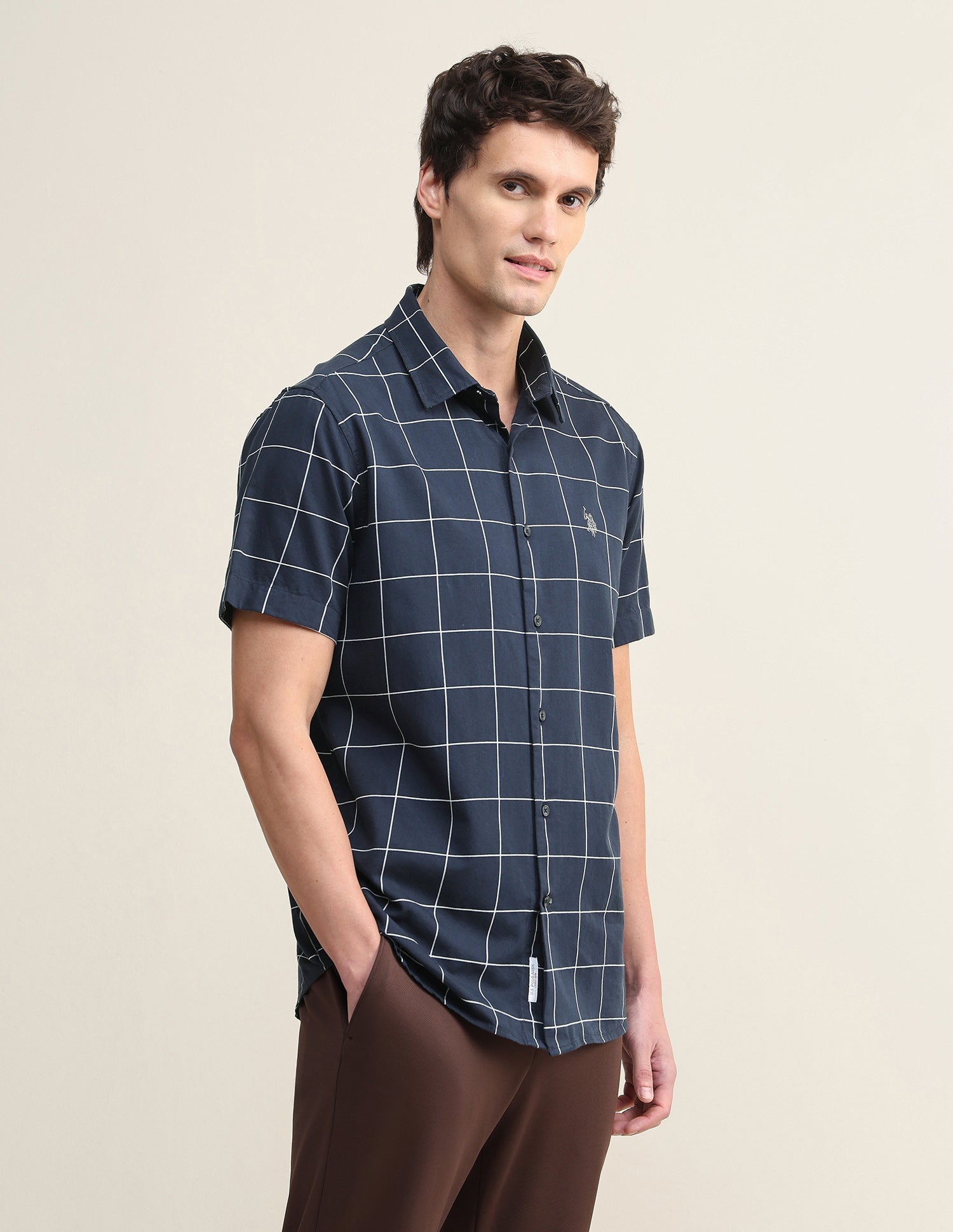 Windowpane Checked Twill Shirt Navy - U.S. Polo Assn. India | Large