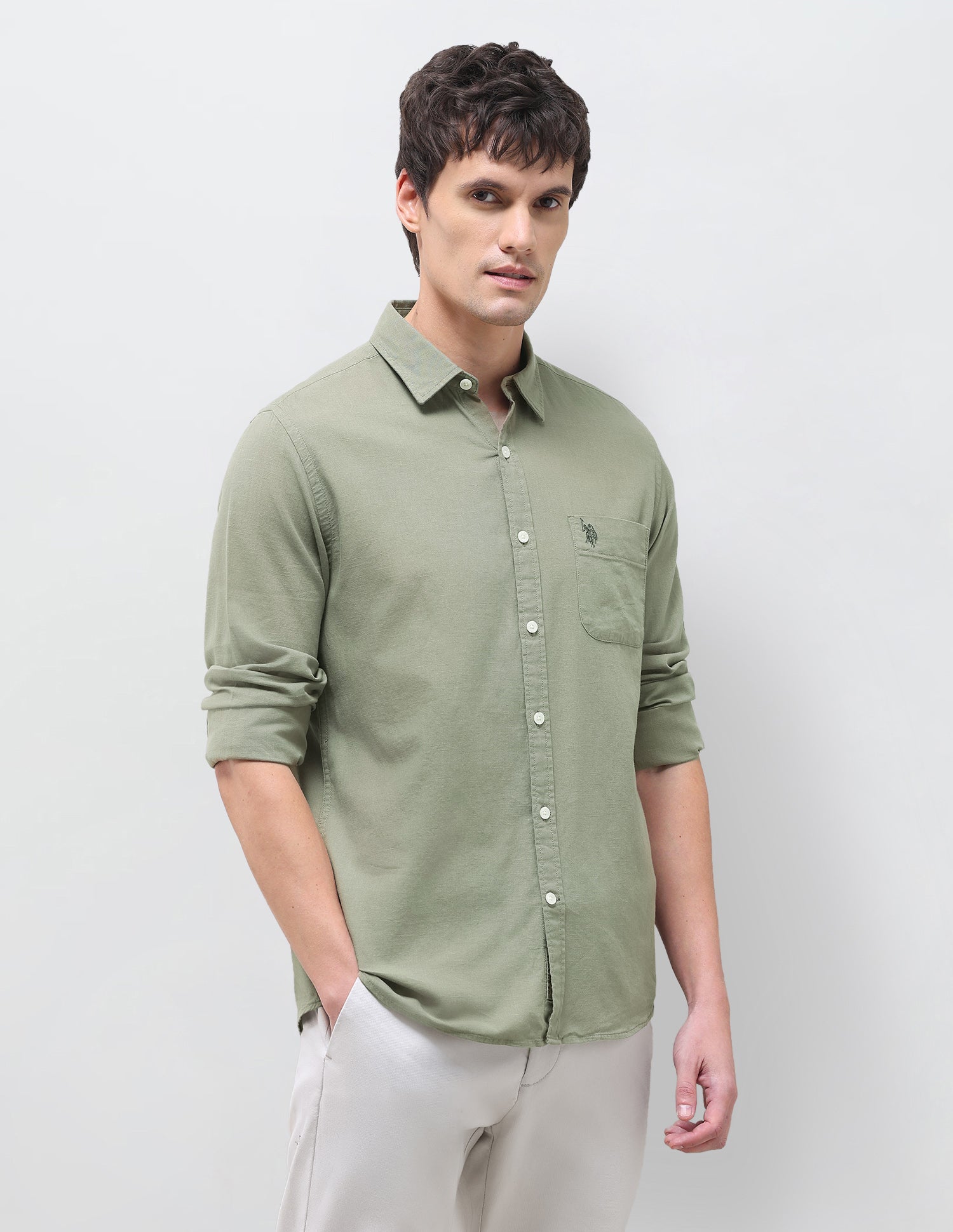 Solid Regular Fit Shirt Light Olive - U.S. Polo Assn. India | Large