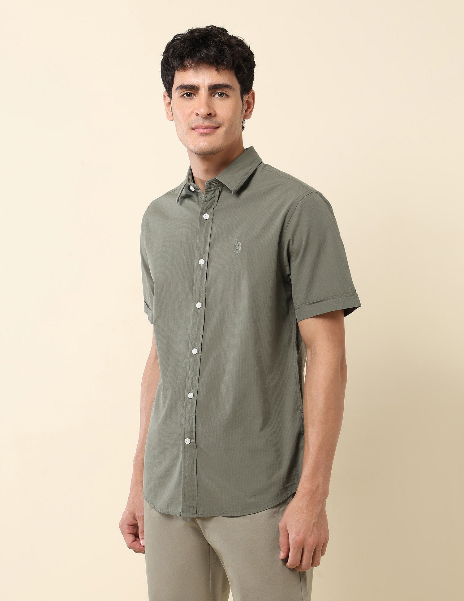 Textured Pure Cotton Shirt Olive - U.S. Polo Assn. India | Large