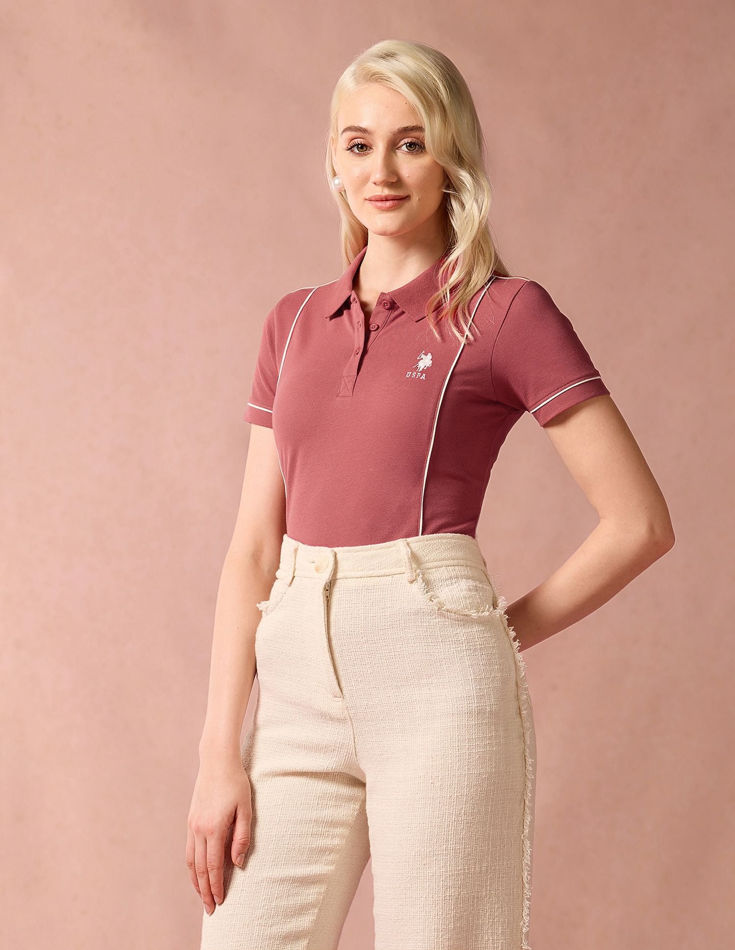 Contrast Piping Cotton Polo Shirt Coral - U.S. POLO ASSN. | Large