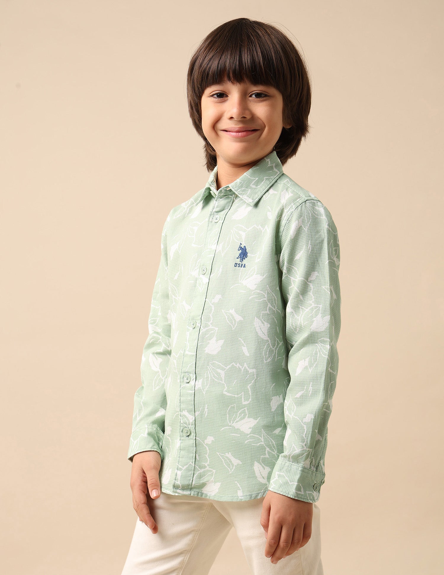 Boys Floral Printed Dobby Shirt Green - U.S. POLO ASSN. | Large
